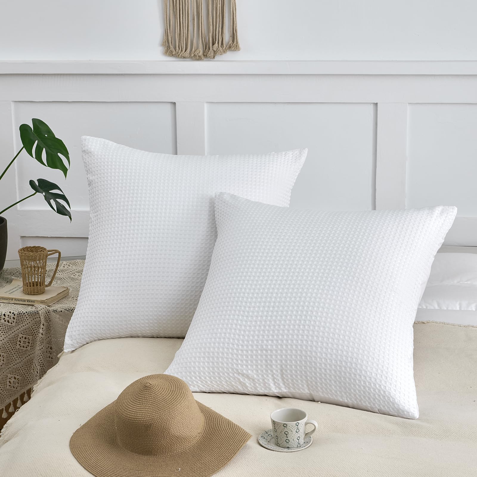TSUTOMI White Soft Waffle Euro Pillow Covers 26" x 26", Breathable & Skin-Friendly