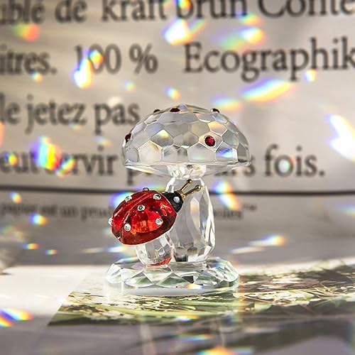 Miniatura 7 de H&D HYALINE & DORA Mariquita de cristal en hongo y mariposa voladora de cristal con base de bola, figuras de animales de vidrio, regalos de boda