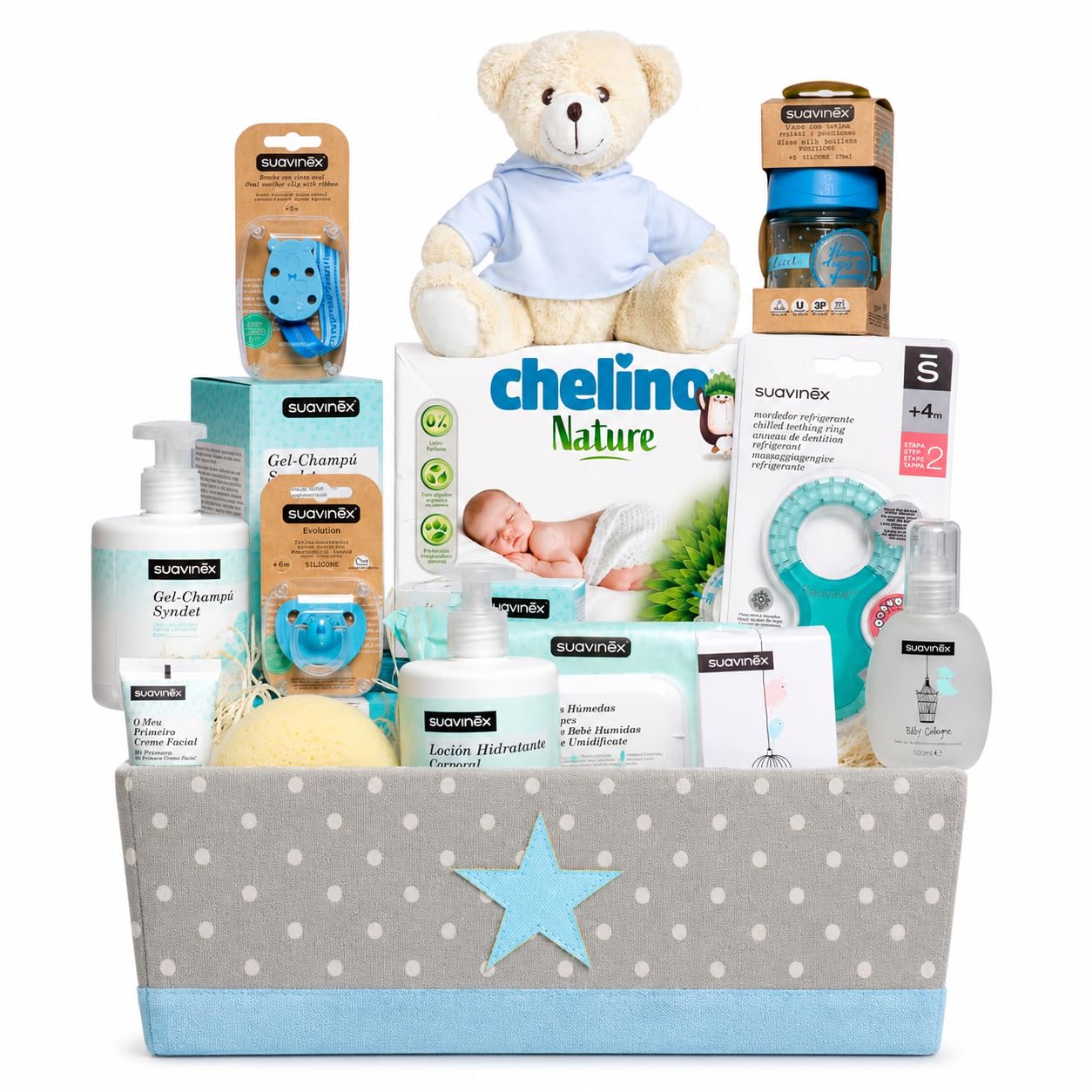 Canastilla Bebé Recién Nacido Suavinex Fantasy | Cesta Bebé Regalo con Productos para Recién Nacido | Incluye Peluche, Biberón, Chupete, Mordedor, Gel Champú, Loción, Crema y Pañales (Azul)