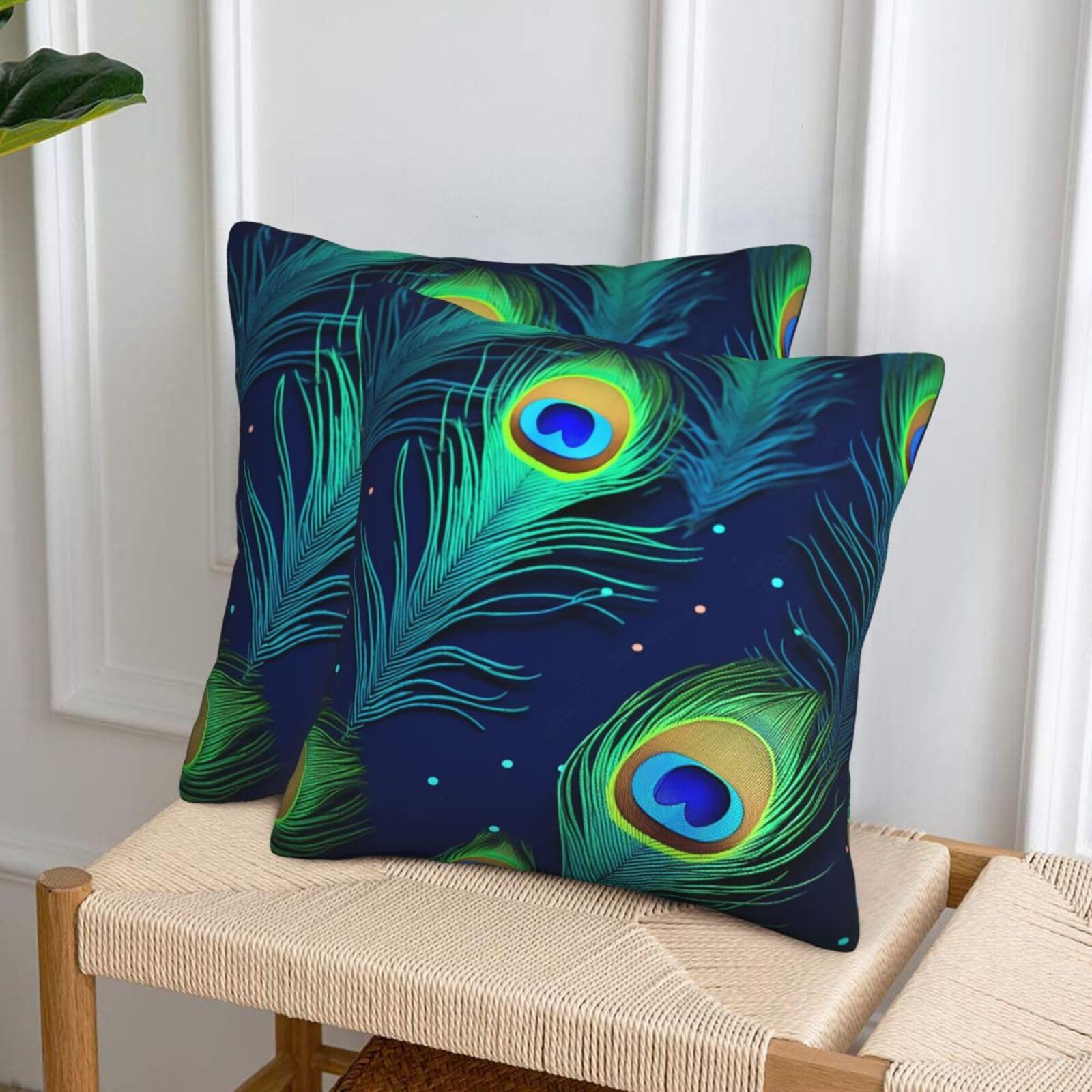 NONHAI Decorative Throw Pillow Covers Set of 2, 18"x18" Square Cushion Case Soft Comfy Peacock Feather Throw Pillows for Couch Cushion Livingroom Farmhouse Home Decor Pillowcases