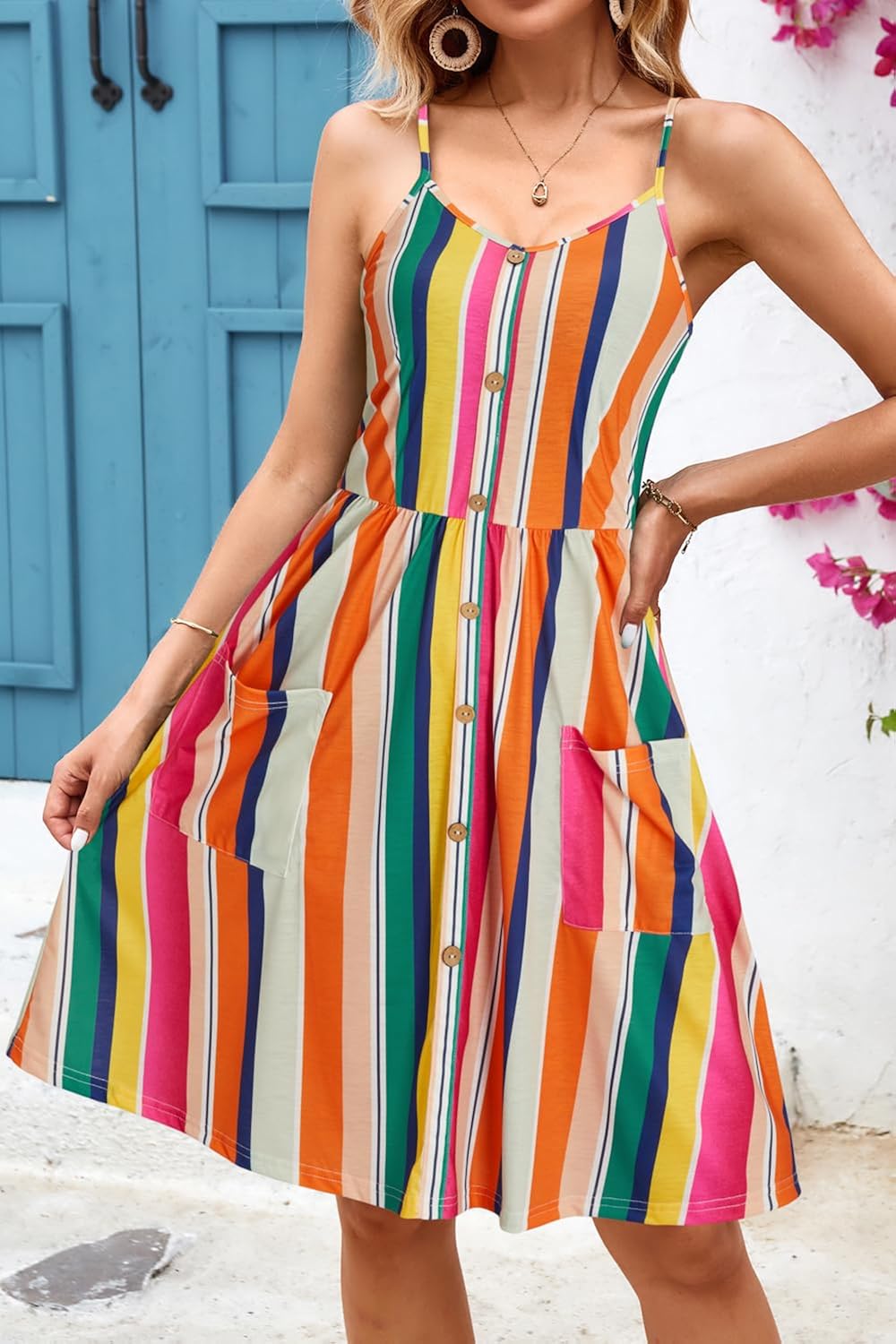 OUGES Women's Summer V Neck Sundress Spaghetti Strap Button Down Dress with Pockets