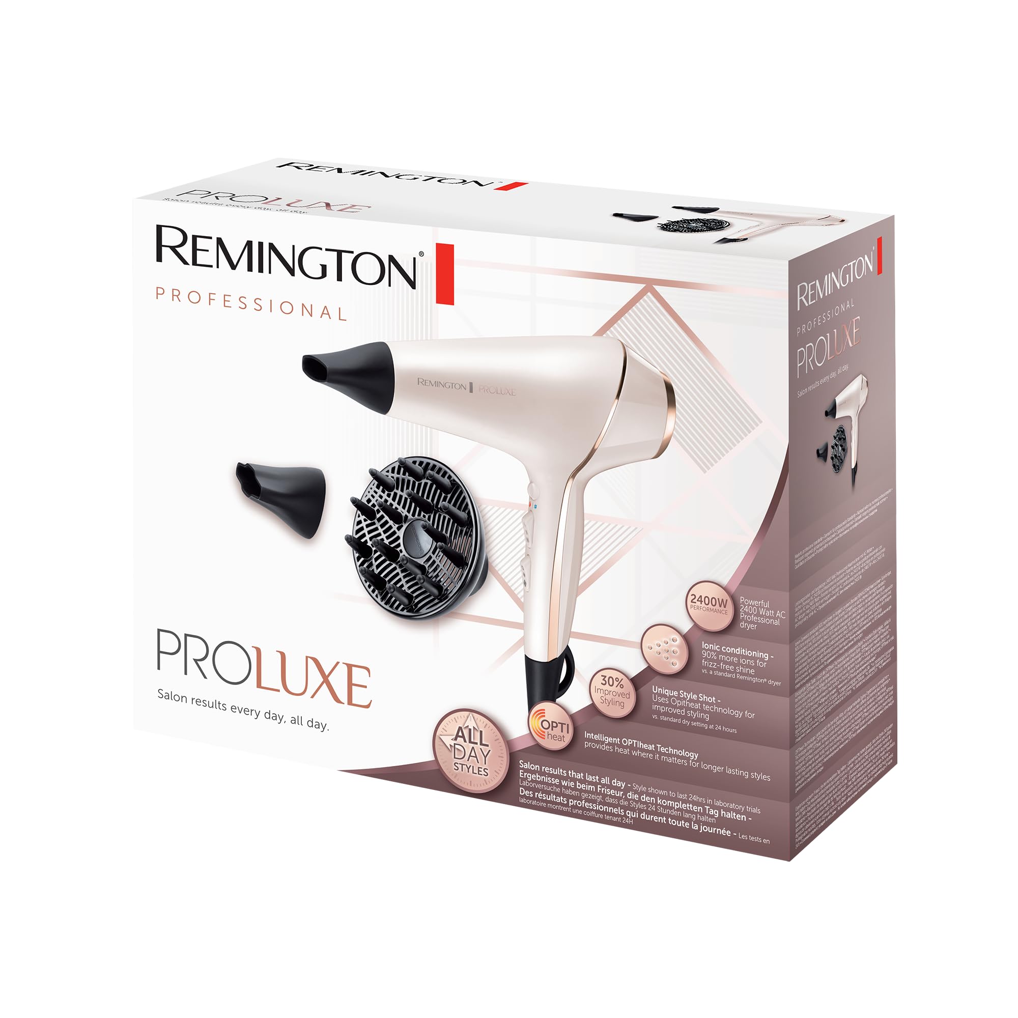 Remington Asciugacapelli Professionale 2400W - Teconologia OPTIheat per risultati di lunga durata - 3 accessori styling, cura ionica, Anti crespo, Motore di lunga durata - PROluxe AC9140