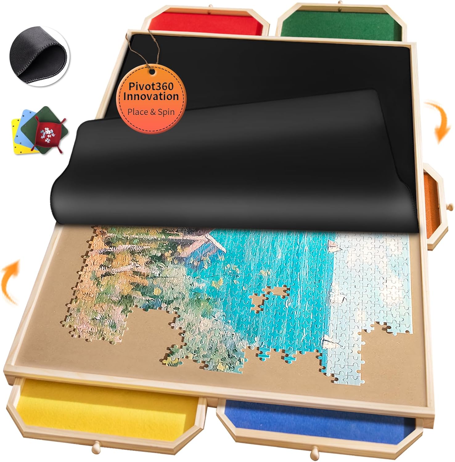 1500 Piece Puzzle Board Pro, 35" x 26" with Drawers, Rubber Cover Mat, Sort-Wise Colorful Felt Drawers & 4 Trays, Wooden Jigsaw Puzzle Table, Birthday Gifts for Mom