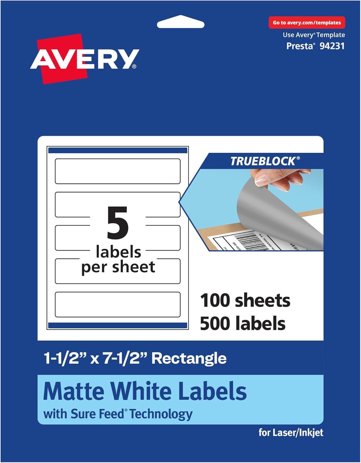 Avery TrueBlock Matte White Rectangle Labels, Sure Feed Technology, 1.5" x 7.5", 250 Matte White Labels, Print-to-The-Edge, Laser/Inkjet Printable, Great for Packaging and Product Merchandising