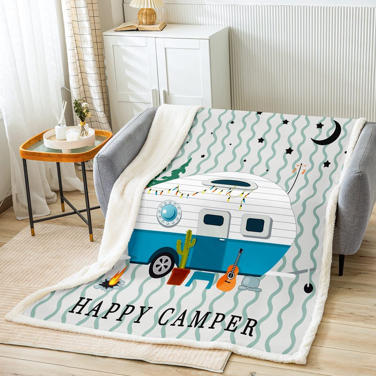Coperta in pile per camper o campeggio, ideale per bambini, ragazzi, ragazze, campeggio, auto, camper, viaggi, coperta con motivo a righe geometriche, per divano letto, queen 200 x 200 cm