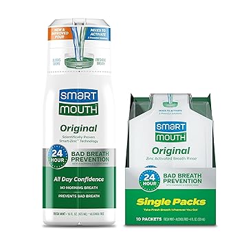 SmartMouth Original Zinc Activated Mouthwash & Single Packs - Instant Fresh Breath Mouthwash - Eliminates Bad Odors & Bad Breath - Alcohol-Free - Fresh Mint - 16 fl oz Bottle & 10 Count Single Packs