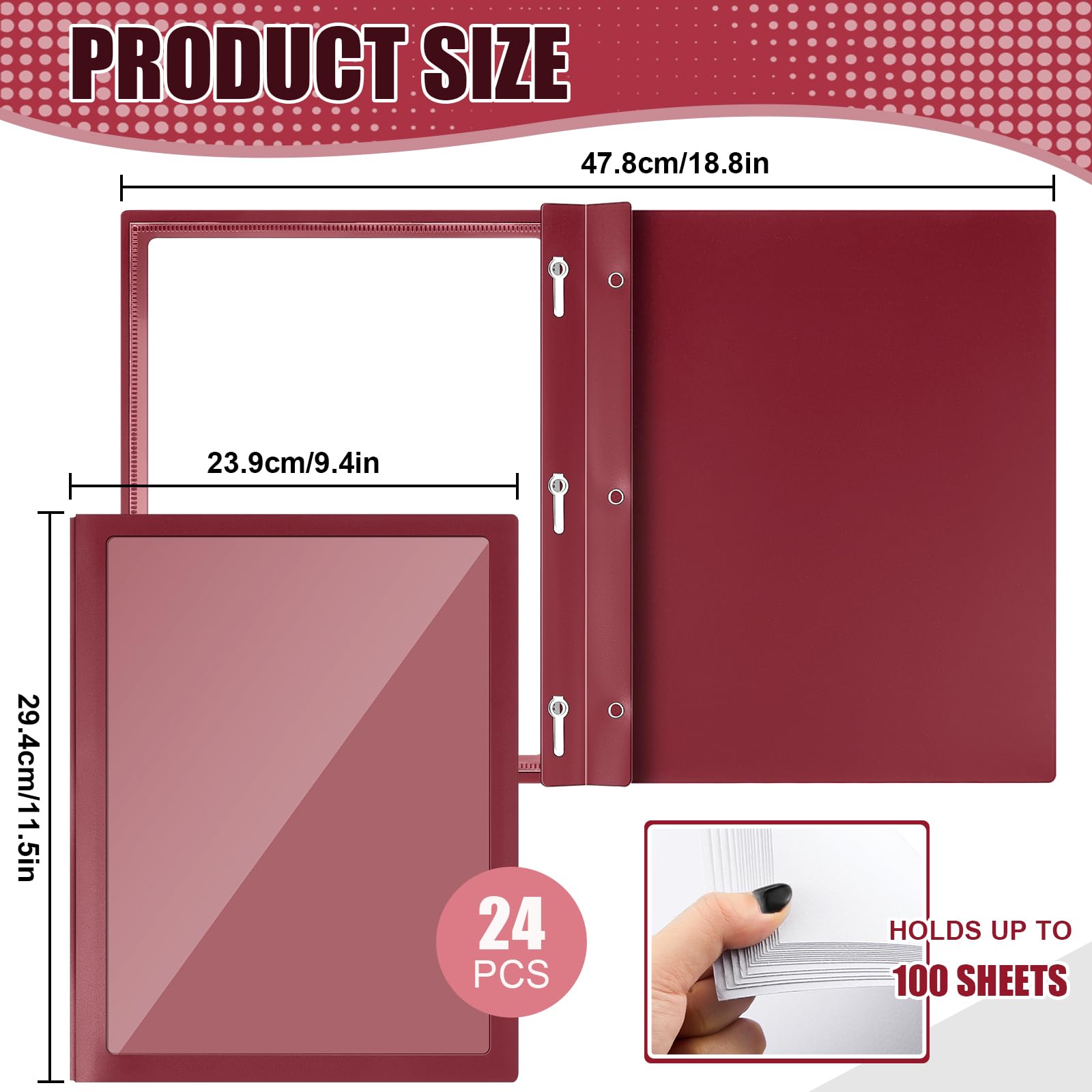 Teling Präsentationsmappen mit 3 Zinkenverschlüssen, transparente Vorderseite, Präsentationsmappen, Sichtfenster, Poly-Berichtsmappe, Präsentationsmappe für Papier, Dokumente, Schule, Büro, Dunkelrot,
