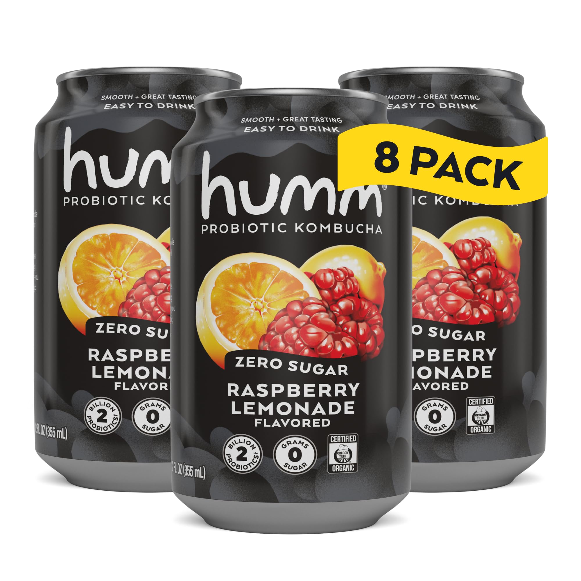 Humm Probiotic Kombucha Zero Sugar Raspberry Lemonade, No Refrigeration Needed, Keto Friendly, Organic, Vegan, Gluten Free, 12oz Cans (8 Pack)