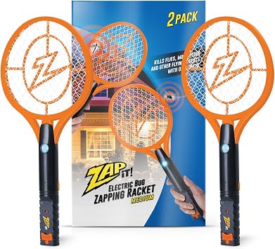 ZAP IT! Rechargeable Electric Fly Swatter Racket- High Duty 4,000-Volt Mosquito Zapper with USB Charging and LED Light -Medium- Safe 3-Layer Mesh, Orange, 2-Pack, Bug Zapper Racquet for Indoor/Outdoor