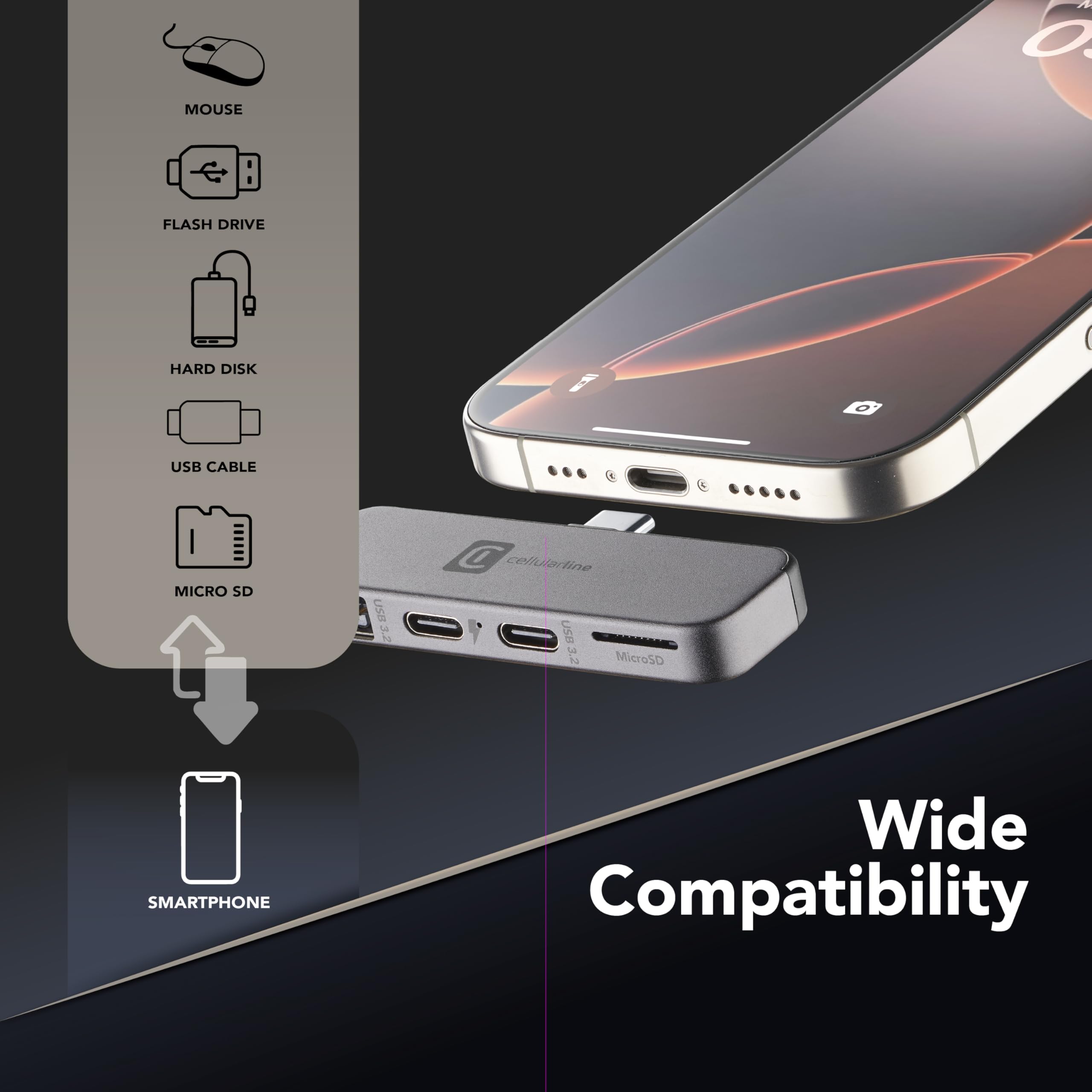 Cellularline Smartphone HUB – USB-C-Adapter mit 4 Anschlüssen (USB, 2X USB-C, Micro SD), Kompatibel mit Smartphones und Tablets, Plug & Play, Kompaktes Design
