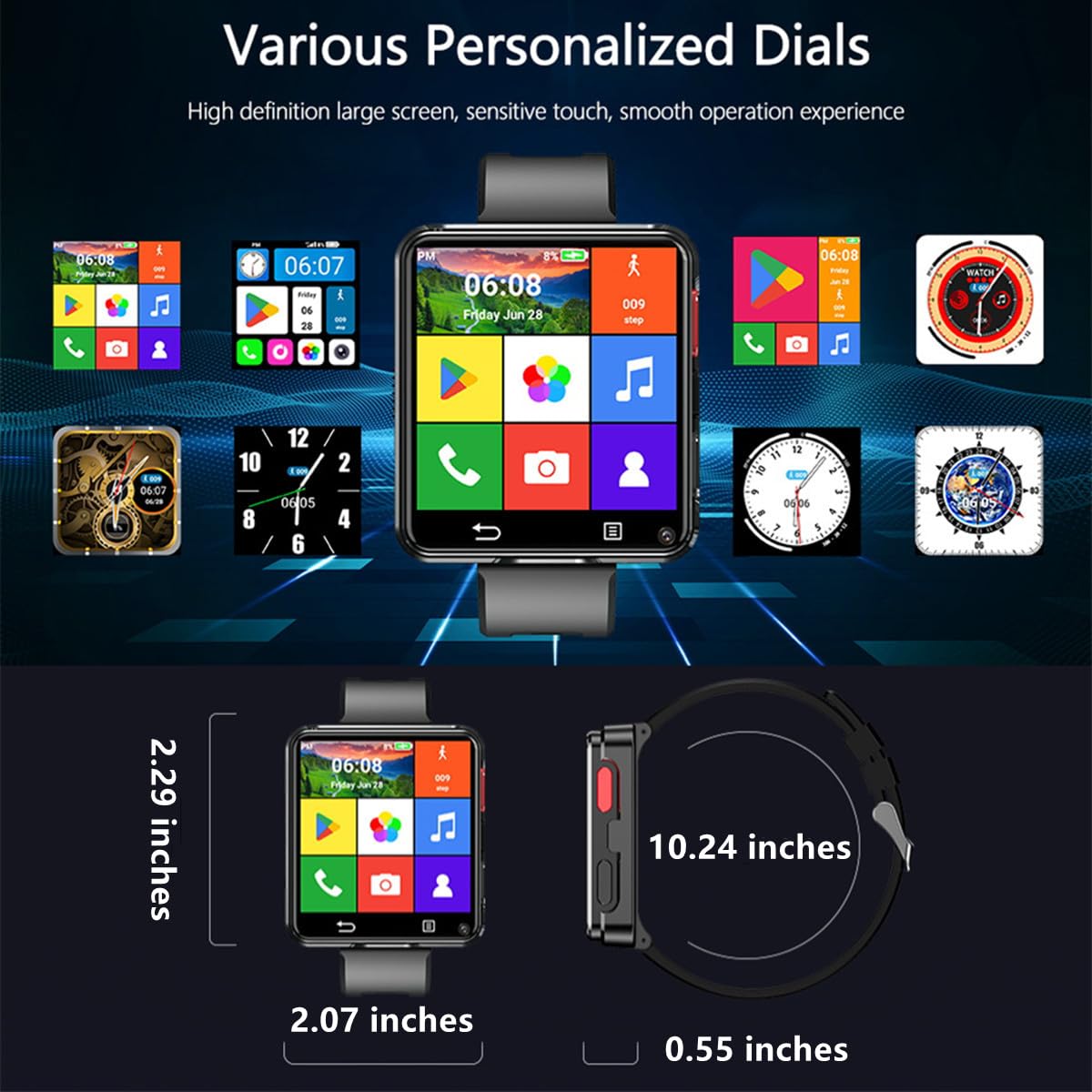 4G Smart Watch, Android 11 Quad Core 4GB+128GB Smartwatch 2,65 Zoll Großer Bildschirm Herrenuhr 1200mAh Typ-C Port 5,0MP Dual-Kamera WiFi Bluetooth GPS Fitness-Aktivitätstracker (4GB+128GB)
