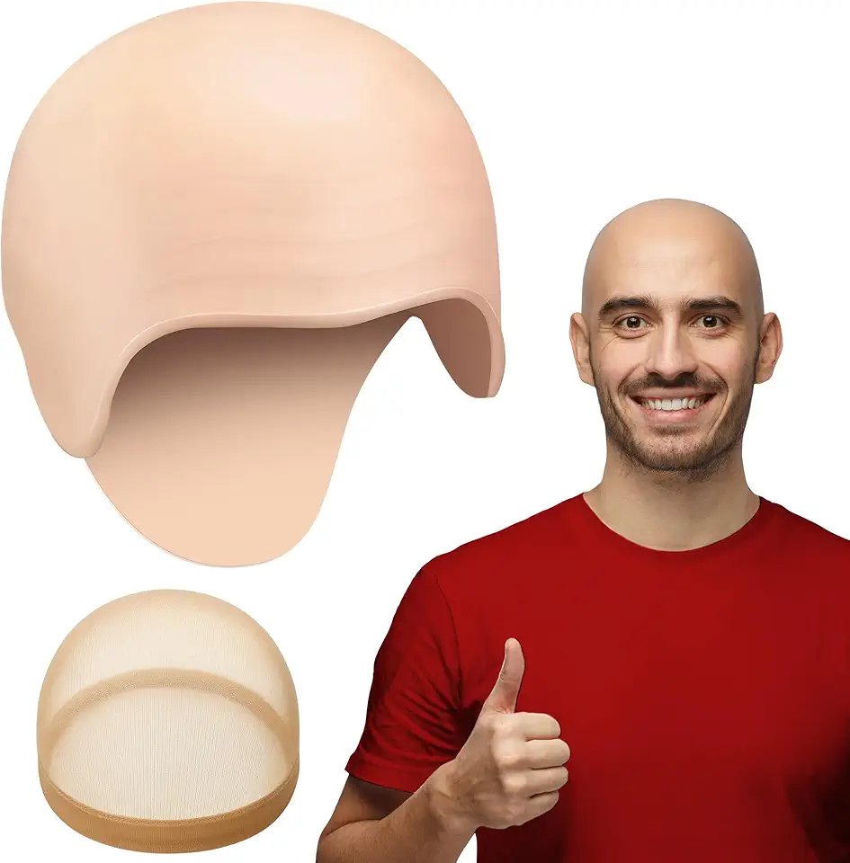 Zadin 2PCS Bald Cap for Men Women Costume, Wig Head Cap, Mr Clean Costume, Halloween Latex Dr Nefario Bald Kit