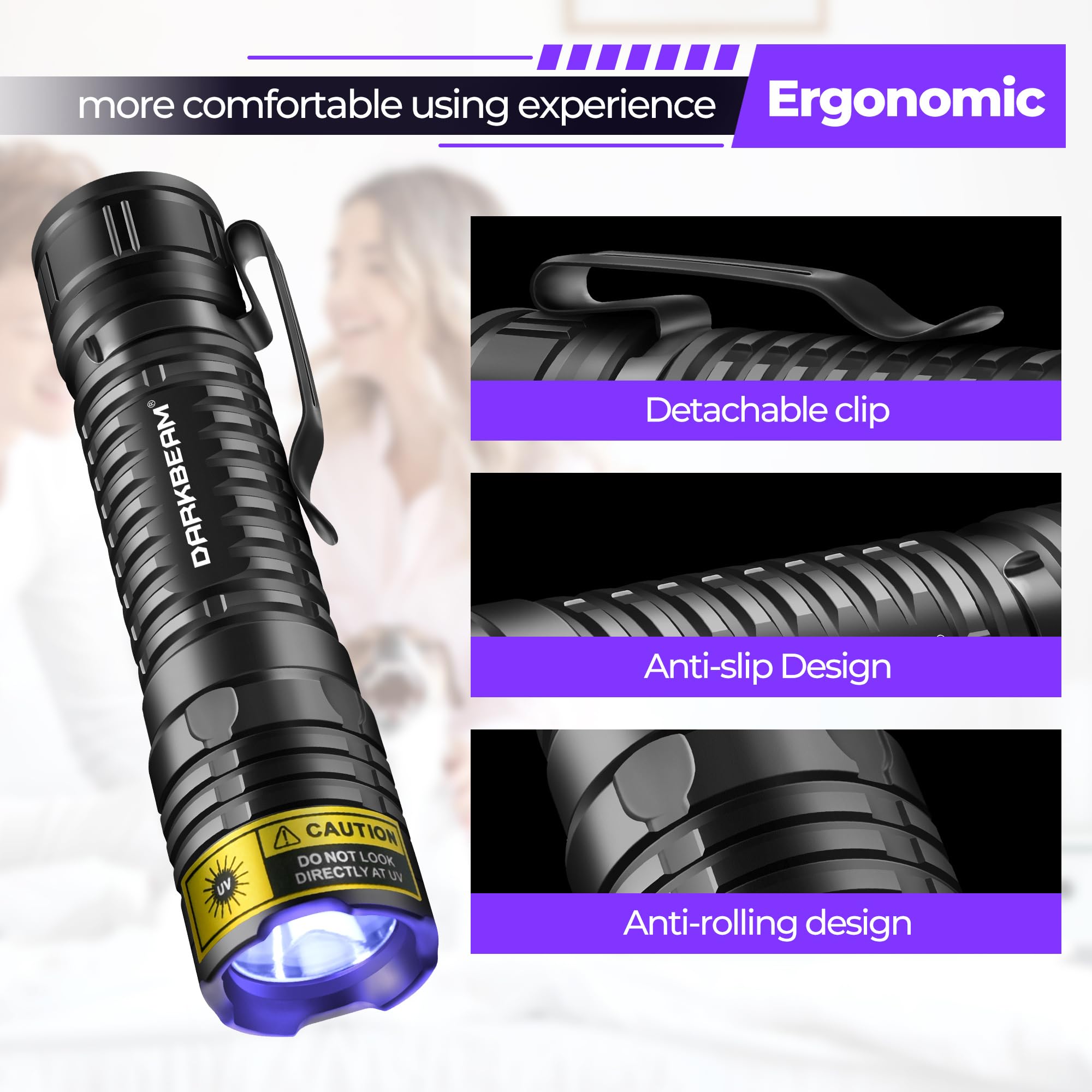 DARKBEAM Torcia UV 395nm LED Torce Luce Nera Ultravioletta, Lampada di Wood Mini ma potente Portatile USB -C Ricaricabile, Rivelatore di urina per Cane, per vetro Uranio, Macchie, Ambra, Resina