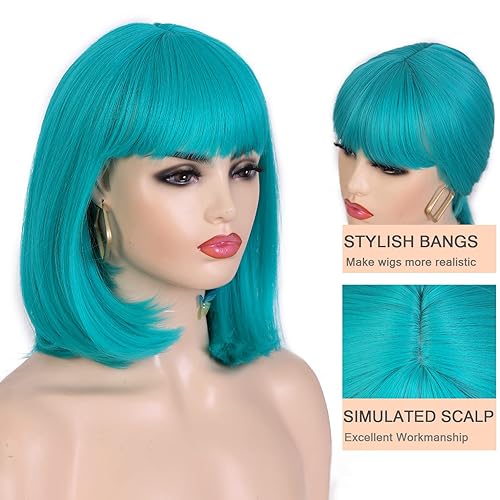 Miniatura 2 de Lady Miranda Peluca de cabello liso azul azulado, estilo Bob, con flequillo, pelucas sintéticas completas para mujeres, pelucas de cosplay (verde