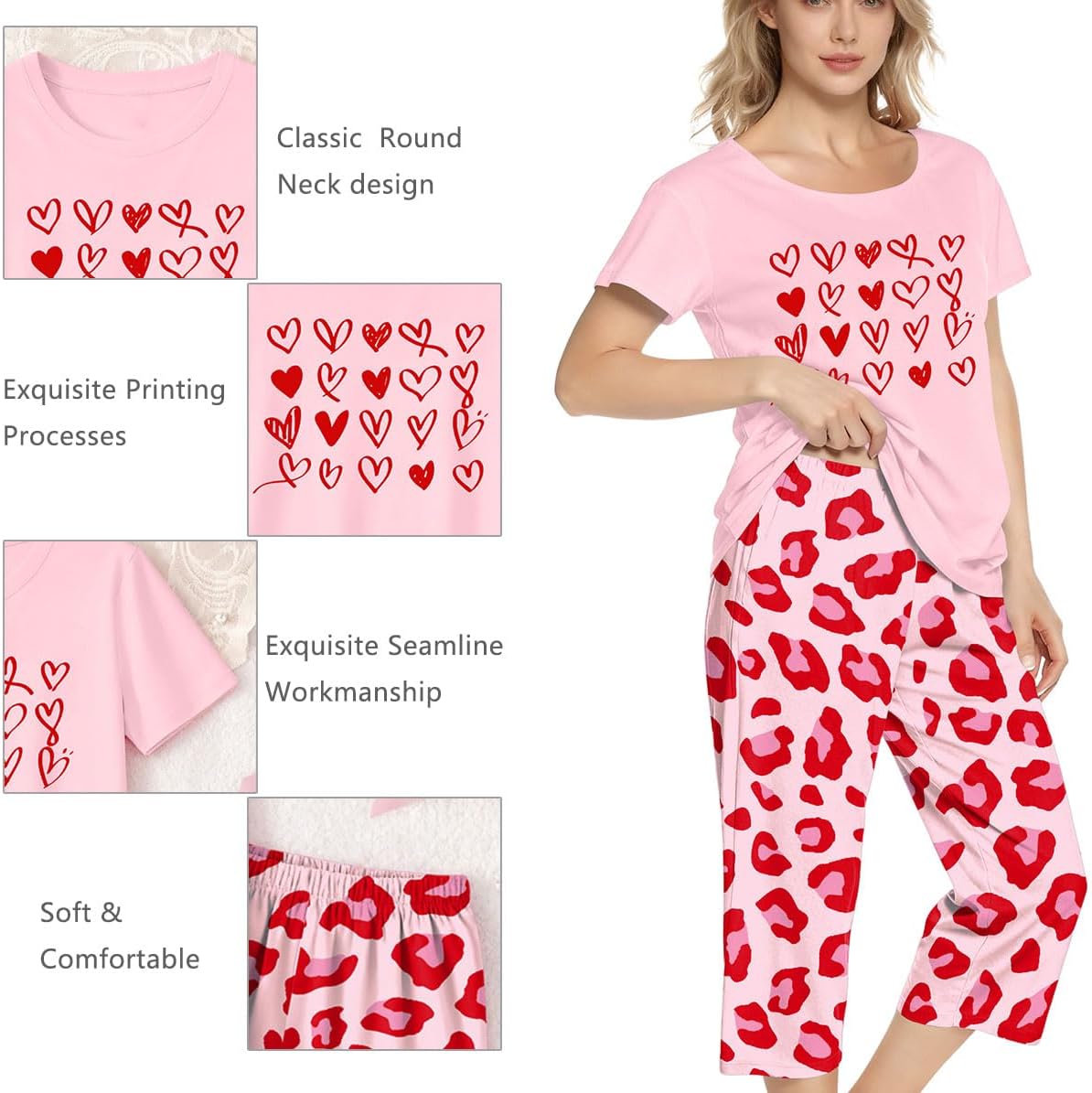 LHBNK Valentines Pajamas for Women: Valentines Pj Sets Short Sleeve Sleepwear Tops With Capri Pants Pajamas Set - Image 5