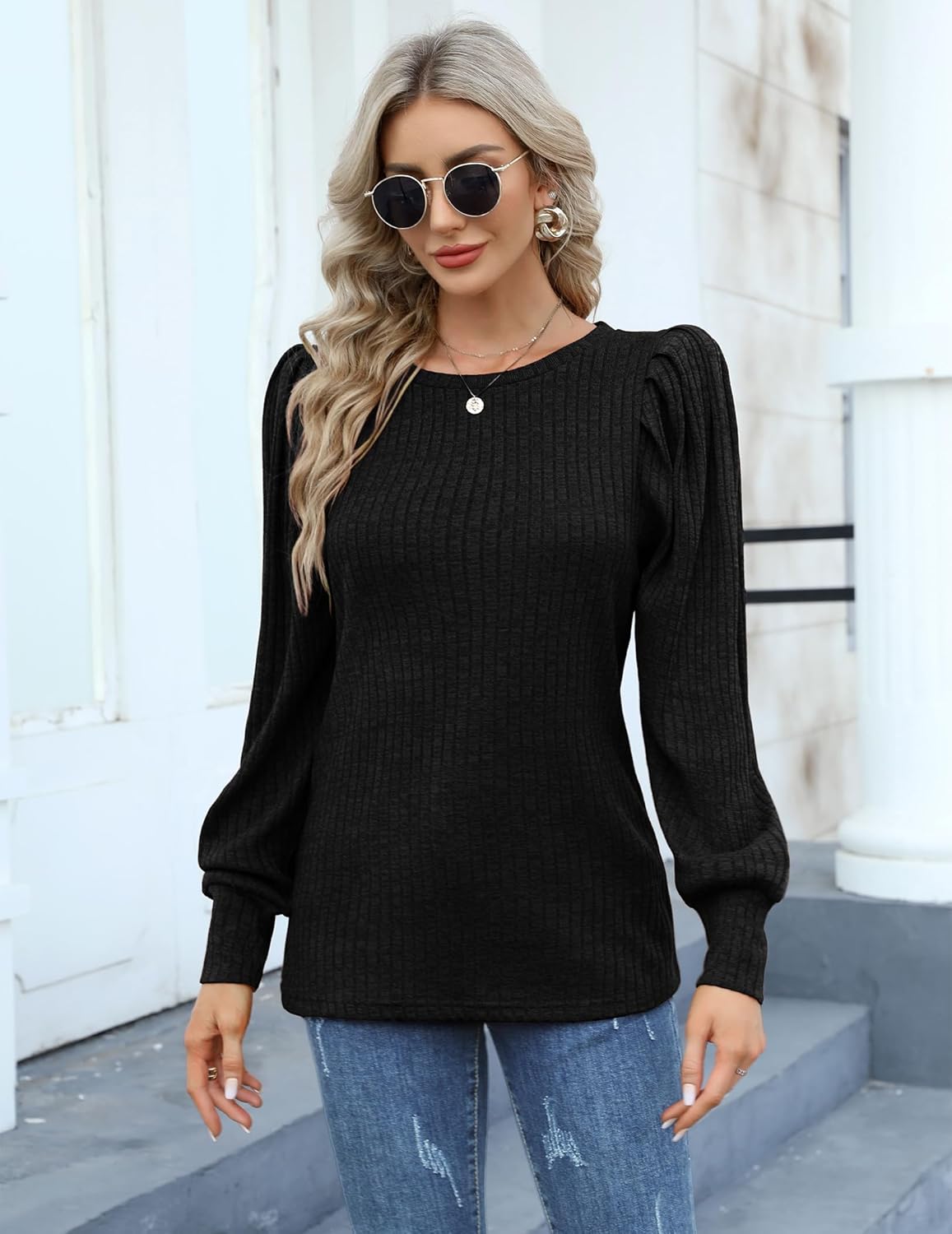 HOTOUCH Women's Knit Blouse Soft Puff Long Sleeve Shirt Tops Lightweight Round Neck Pullover Sweater S-XXL - Image 3