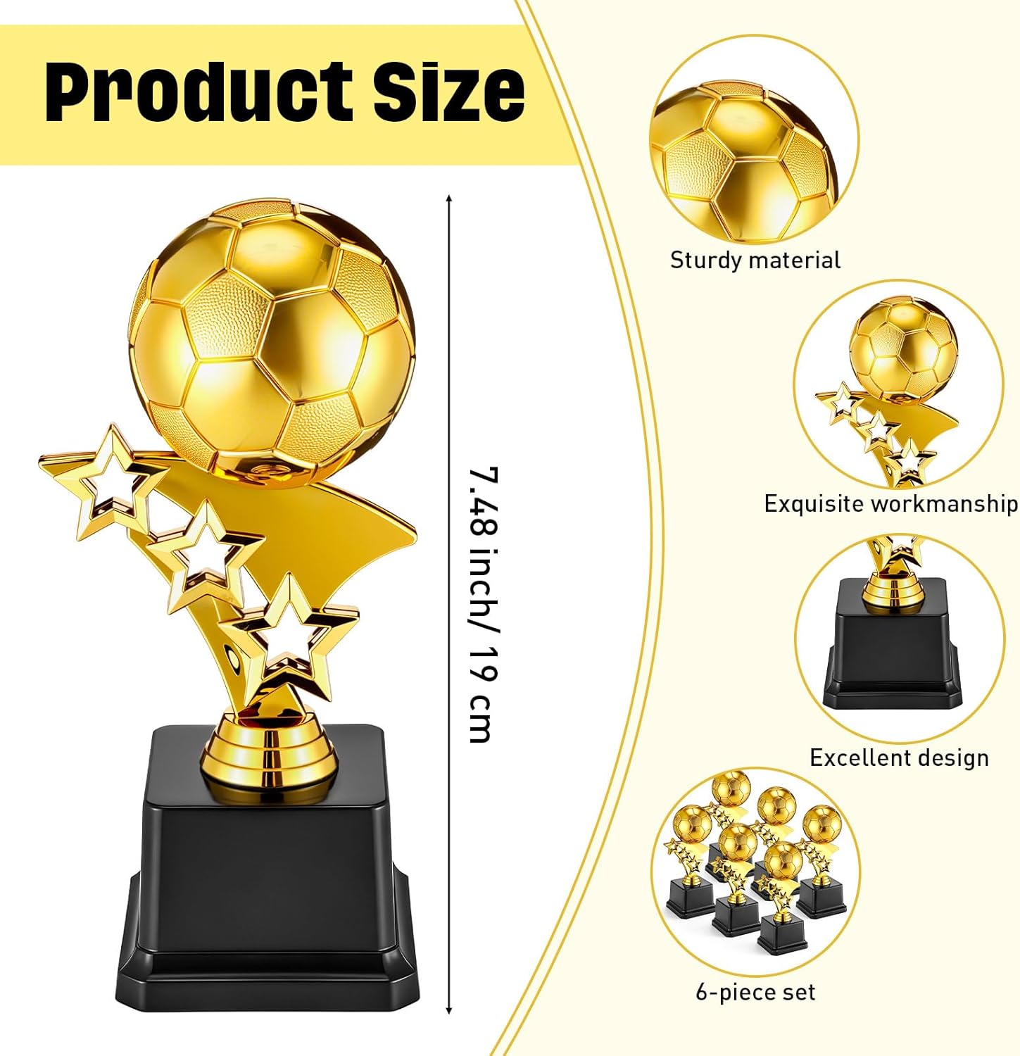 BreezeHug 6 Pack Soccer Trophies for Awards, 7.4 Inch Tall Gold Participation Plastic Trophy Cups Sports Tournament Contest Trophies Award Bulk Plaques Team Prize Gift for Competition