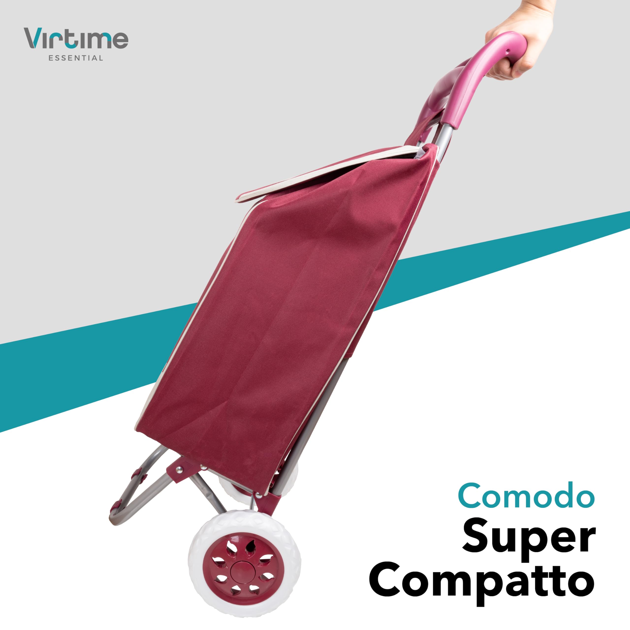 Carrello Spesa 2 Ruote – Borsa XL Impermeabile, Struttura Pieghevole in Alluminio, Leggero e Robusto – 4 Colori (Bordeaux)
