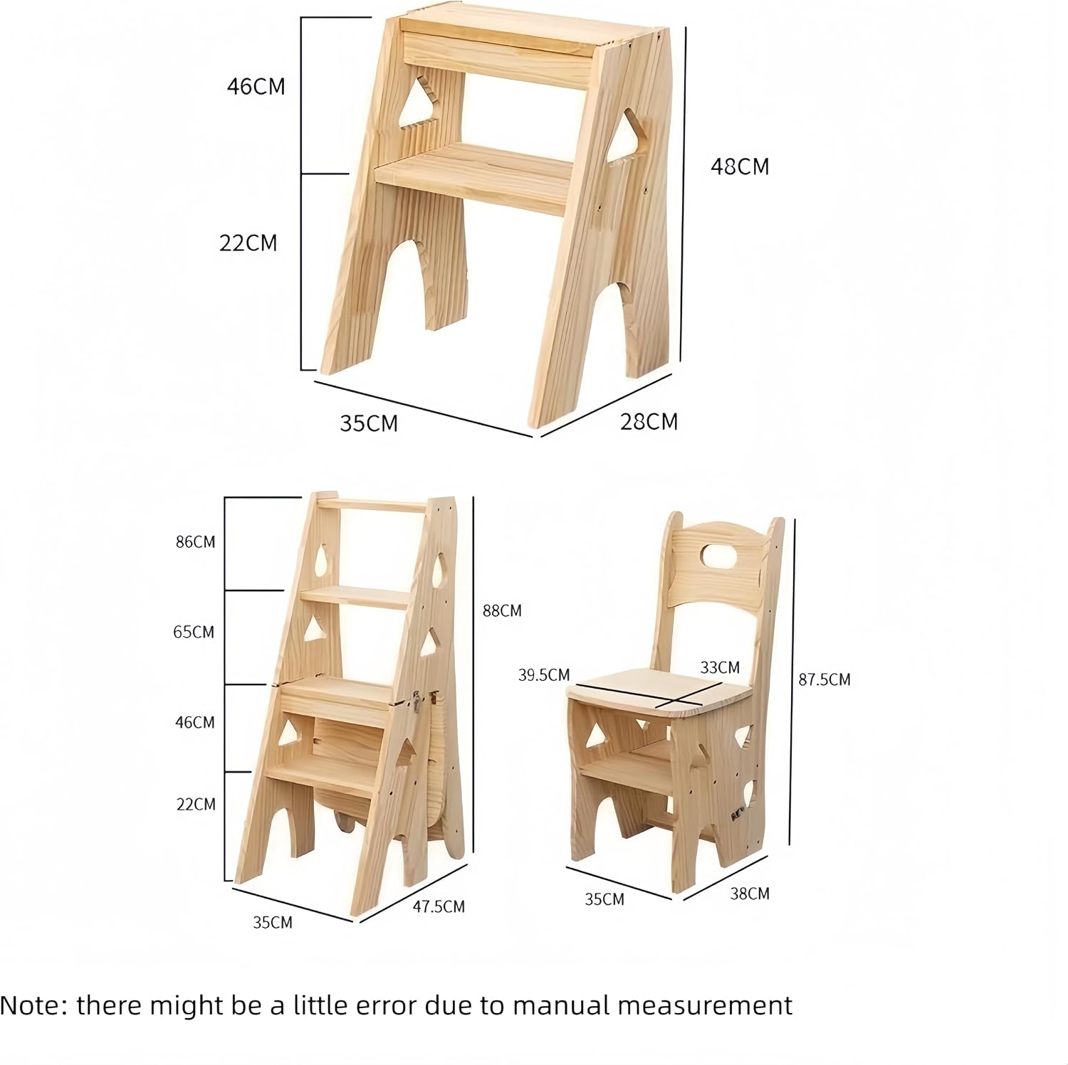 3 in 1 Flip Ladder Chair, Solid Pinewood Folding Step Ladder Library Stool, Convertible Chair/Ladder/Rack, Multi-Purpose Wooden Furniture, Load-Bearing 150KG