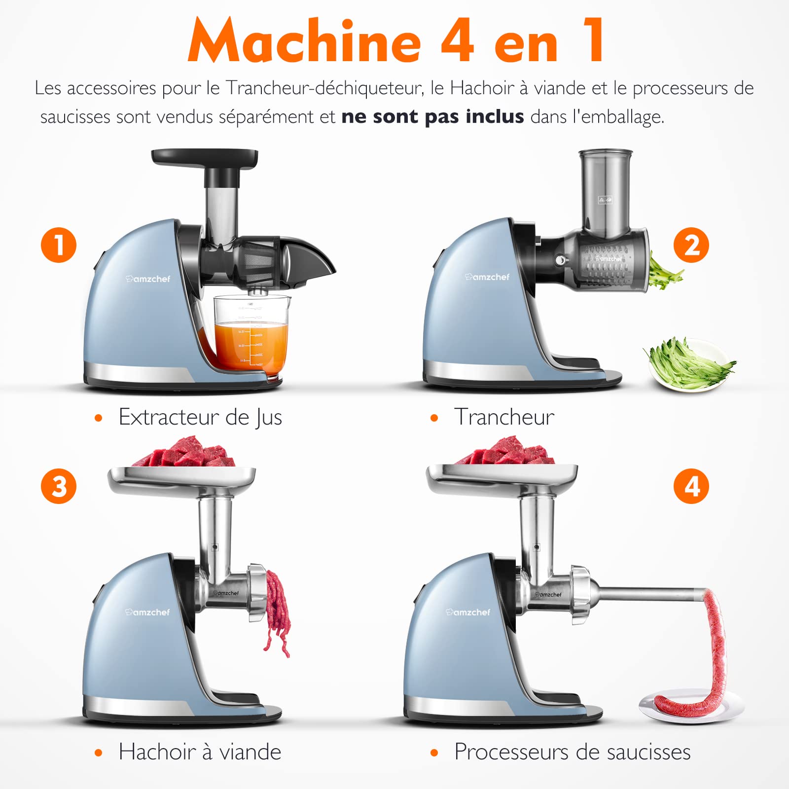 AMZCHEF Extracteur Jus Fruits Légumes Froid sans BPA 2 Tasses Brosse Fonction Mastication Inversée Bleu Doux