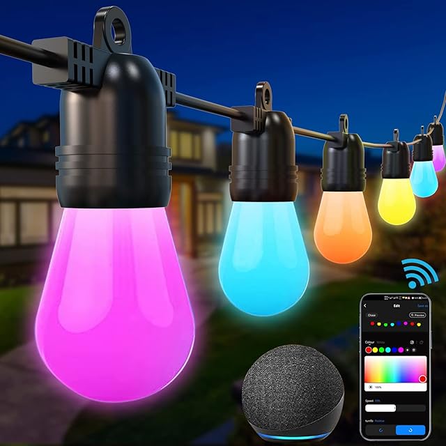 Armbracen Festoon Lights Outdoor, 15M RGBW LED Outdoor Lights Mains Powered with 16 Waterproof Bulbs, App Colour Changing Garden String Lights Work with Alexa for Backyard,Party,Christmas