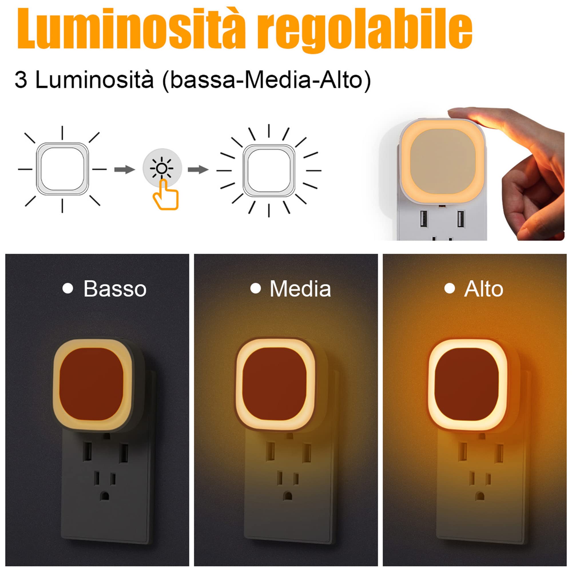 YUNLEX Presa di Luce Notturna con Sensore Crepuscolare, 3 livelli di luminosità regolabile per Camera dei Bambini, Bagno, Corridoio, Cucina, Scale, Ambra