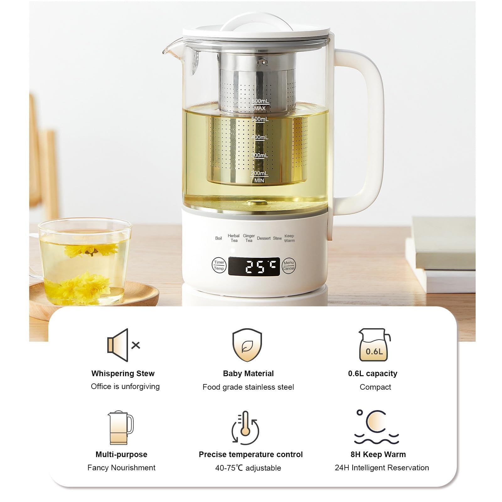 Hervidor de Vidrio 0,6L, 500W Control Temperatura, Táctil | Temporizador 24h, Sin BPA, para Té y Café, Compacto para Oficina y Hogar, Apagado Automático