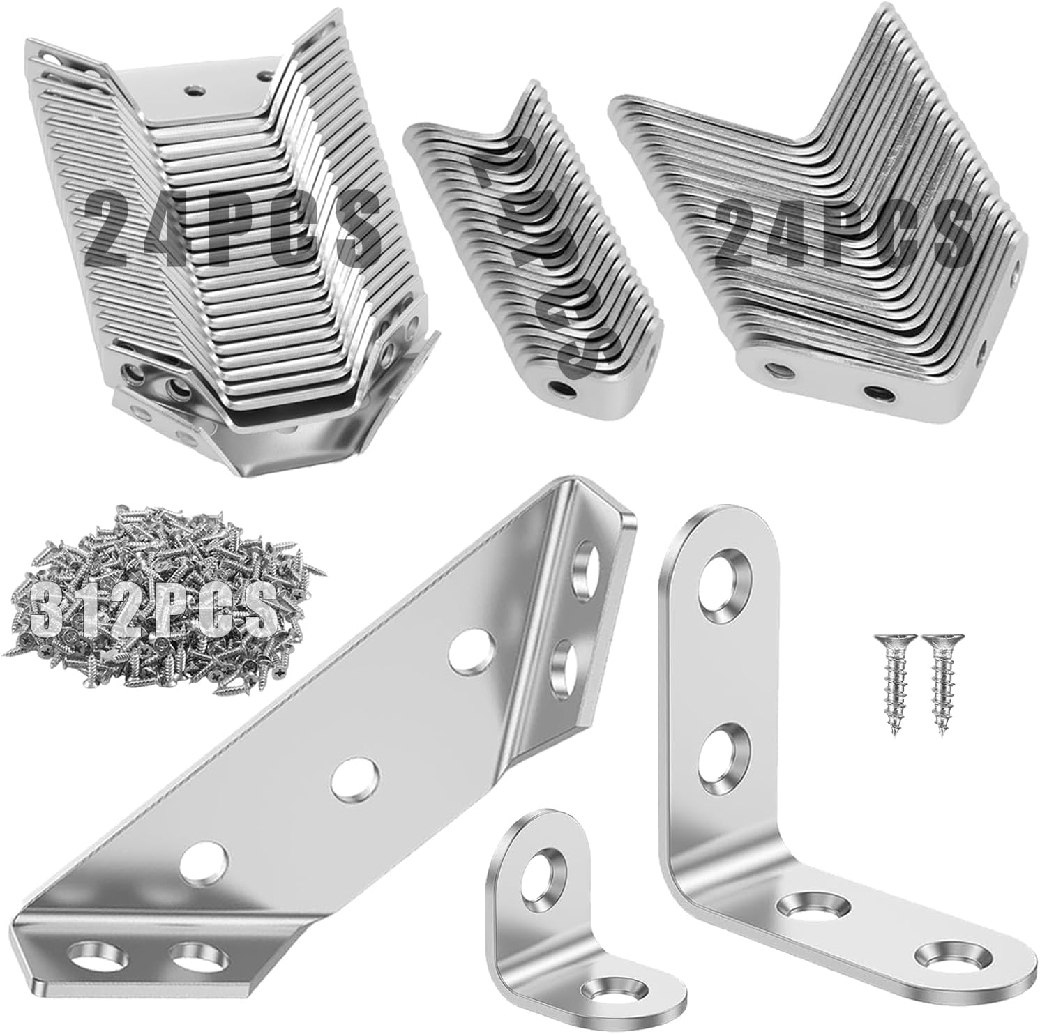72Pcs Corner Bracket Set, 48Pcs L Brackets (Small + Medium) 24Pcs Triangular Support Brackets with Screws Multi Use Predrilled Hole Metal Bracket Corner Brace for Drawers Cabinets Tables and Chairs