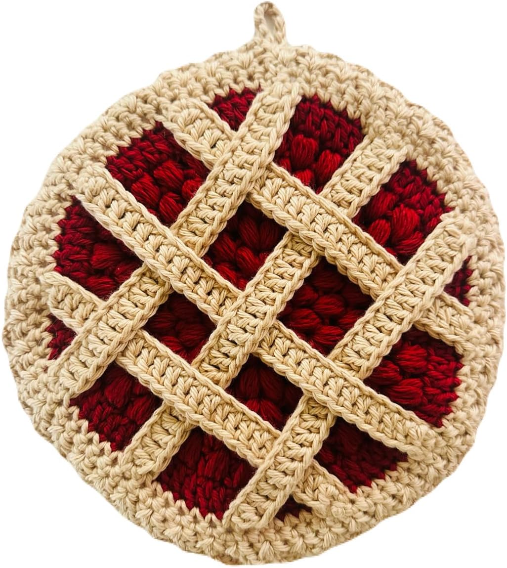 Handmade Crocheted Cherry Pie Potholder, Red and Cream, Lattice Design with Scalloped Edge