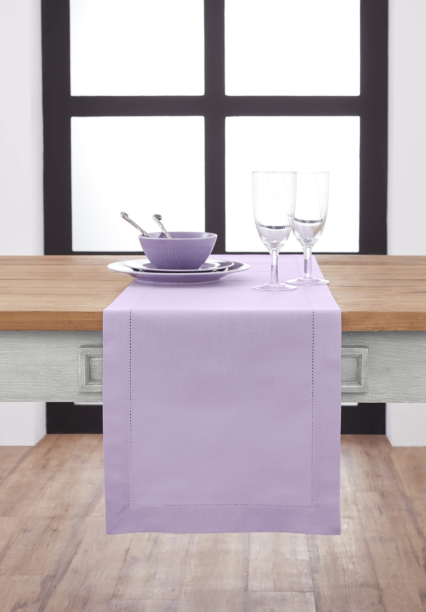Solino Home Cotton Linen Table Runner – Lavender Ice 14 x 108 Inch – Natural Fabric Hemstitch Table Runner for Spring, Summer, Mother’s Day, Dining – Handcrafted and Machine Washable