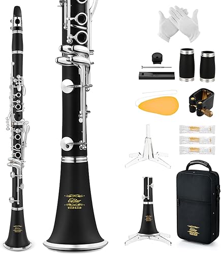 Miniatura 11 de Eastar Clarinete plano B para principiantes, clarinete ébano niquelado con 2 barriles, 3 cañas, guantes blancos, estuche rígido, limpieza Kt, ECL-300