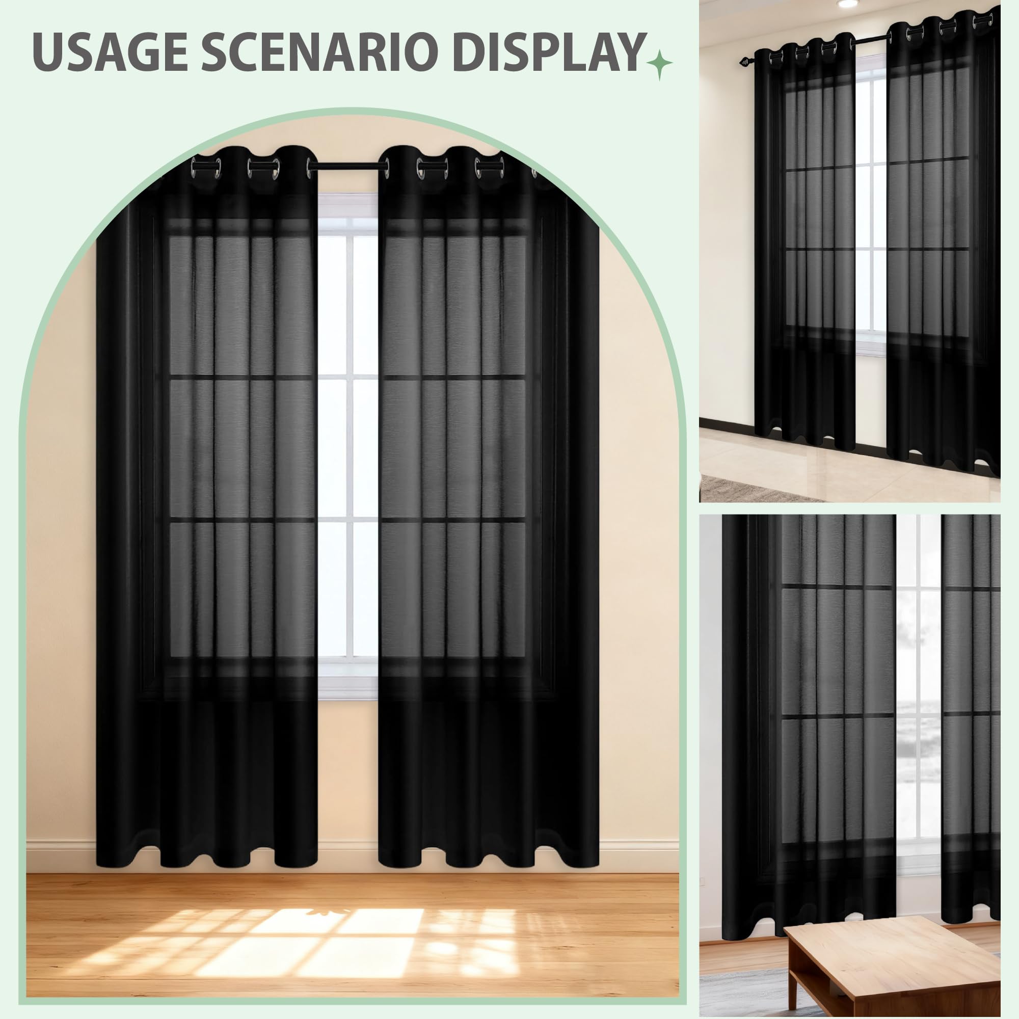 Przezroczyste Zasłony 250 x 140 cm Zwiewna Przeźroczyste Zasłony Z Woalu Elegancka,Klasyczna,Lekka Do Salonu Sypialni Lub Kuchn, Czarny