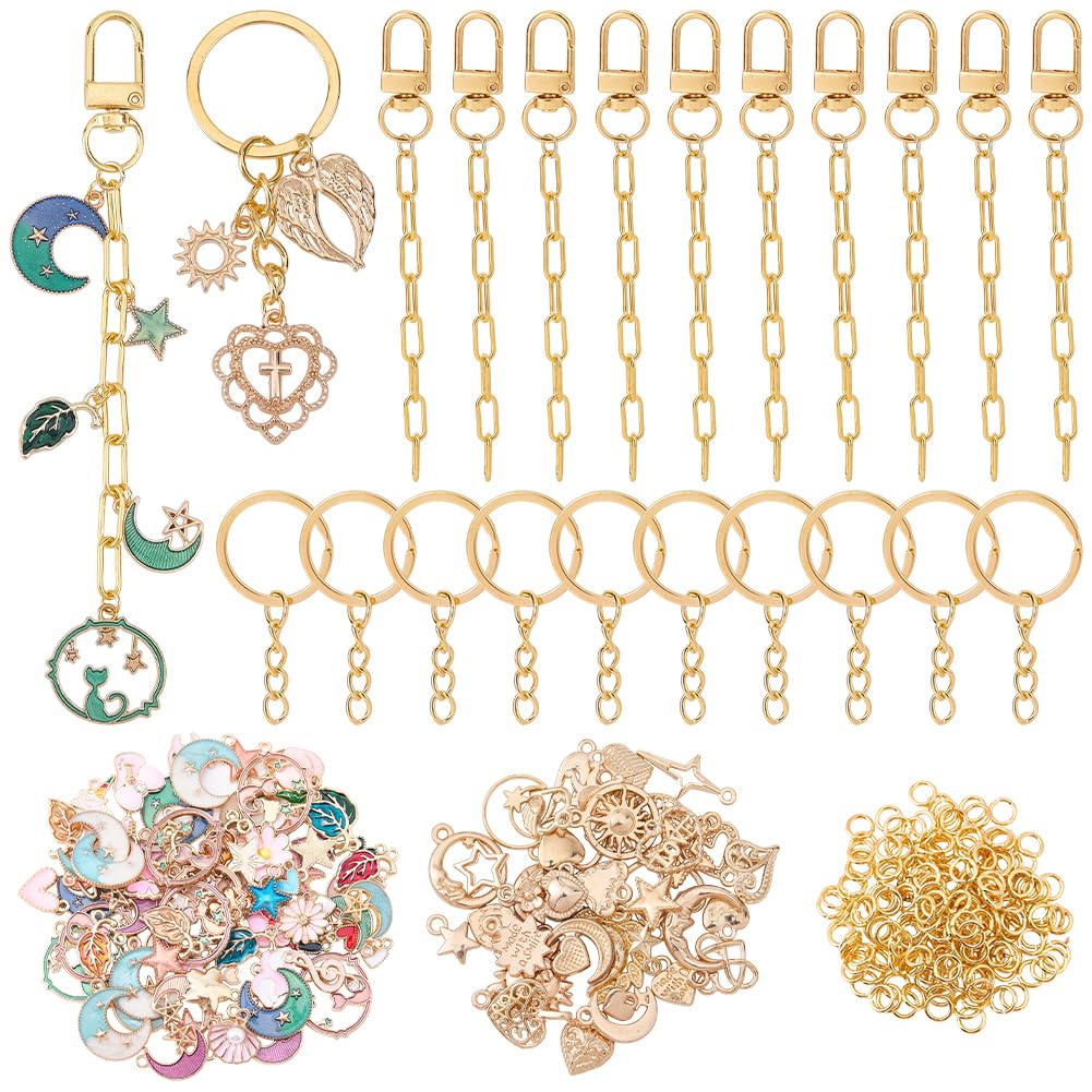 BEAMARKER 340Pcs Moon Keychain Charms Purse Charm Making Supplies with Swivel Clasps Rings Enamel Alloy Colorful Heart Star Leaf Celestial Aesthetics Kits for Keychains Purse Wallet Handbags DIY Decor