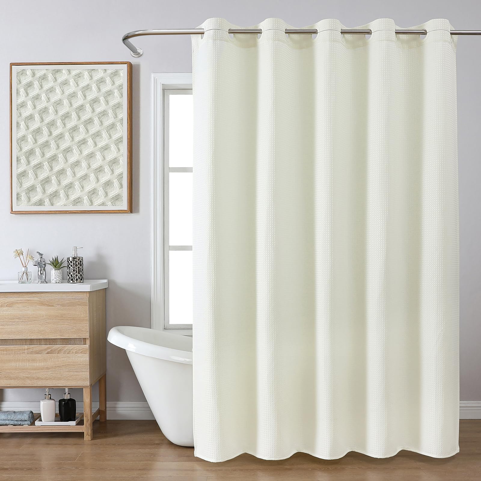 FY&XZH No Hook Waffle Shower Curtain with Laminated Waterproof Backing,Hotel Style Bath Curtain with Built-in Grommets, Machine Washable Thickened Fabric Shower Curtain for Bathroom,72W x 75H, Cream