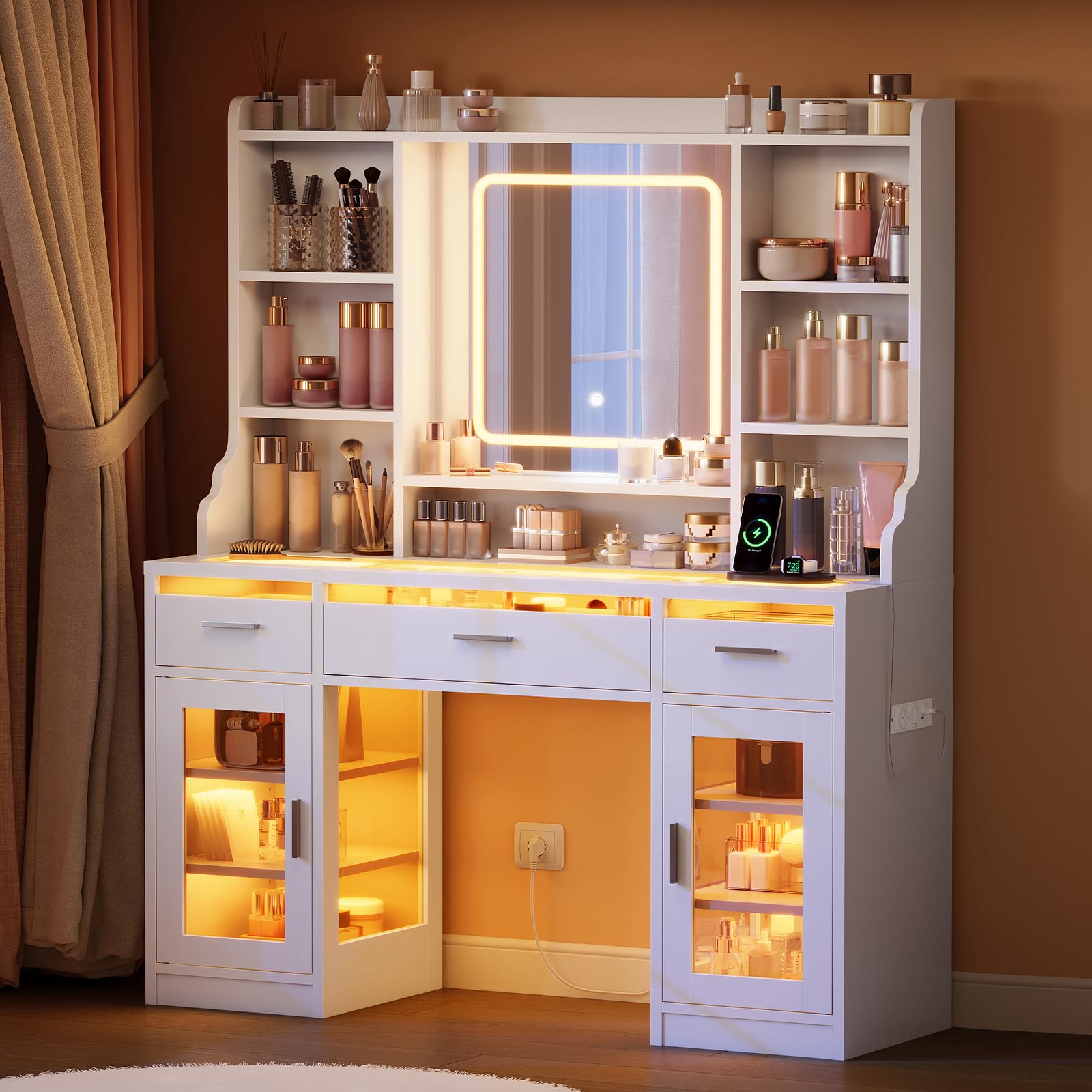 TEENFON Schminktisch mit Glasplatte, LED-Spiegel und RGB-Lichtleiste, Helligkeit Einstellbar, 3 Schubladen und 2 Schränke, inklusive Steckdosen, Für das Schlafzimmer, Weiß
