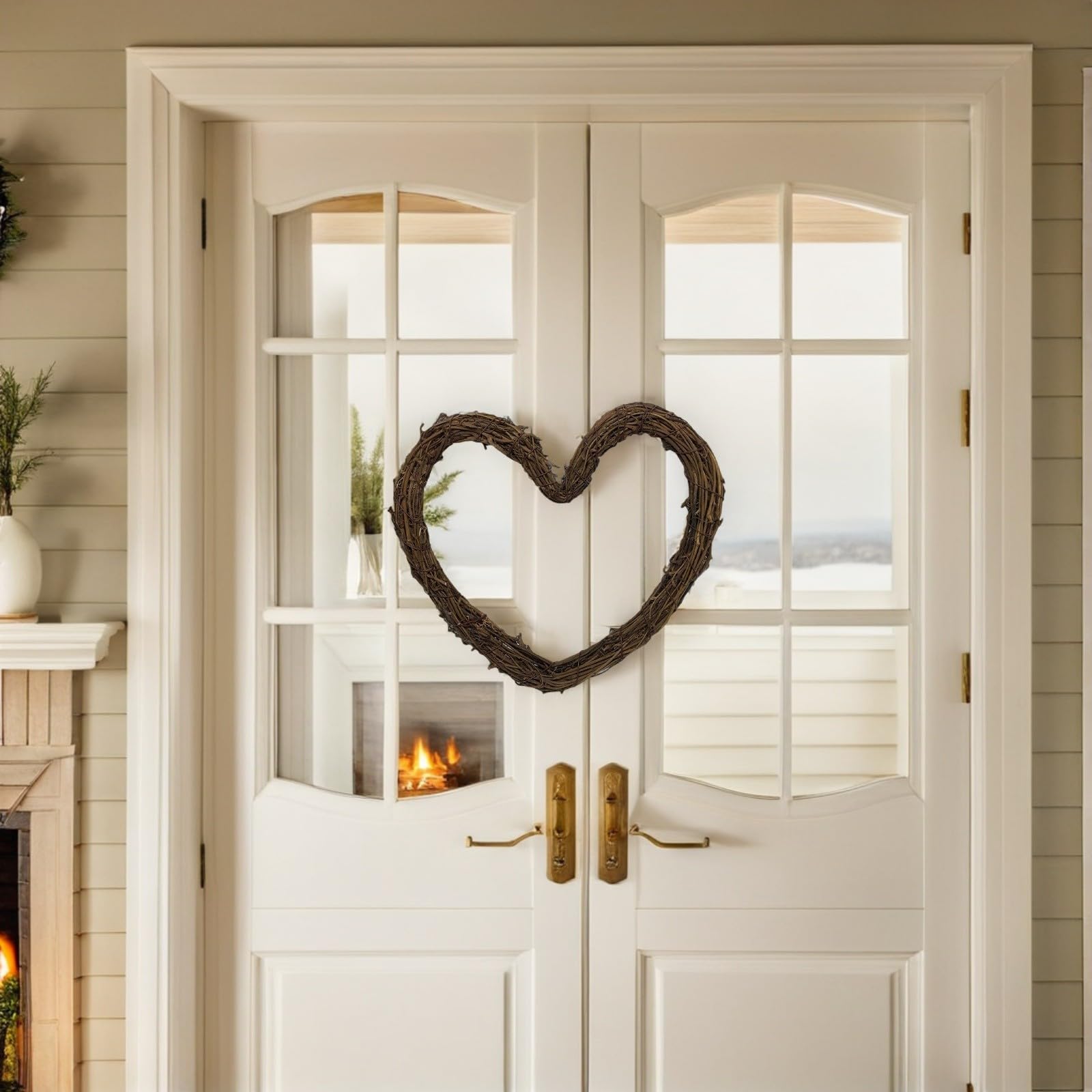Operitacx 4 Piezas Anillo de Ratán Artesanal Forma de Corazón de 14 Pulgadas, Decoración Navideña Rústica y Natural para Puerta y Hogar, Fácil de Colgar