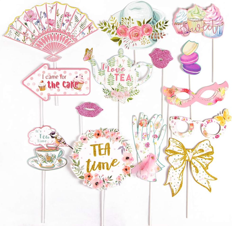 SUNBEAUTYTea Party Photo Booth Props Stick Props Tea Party Supplies 14Pcs