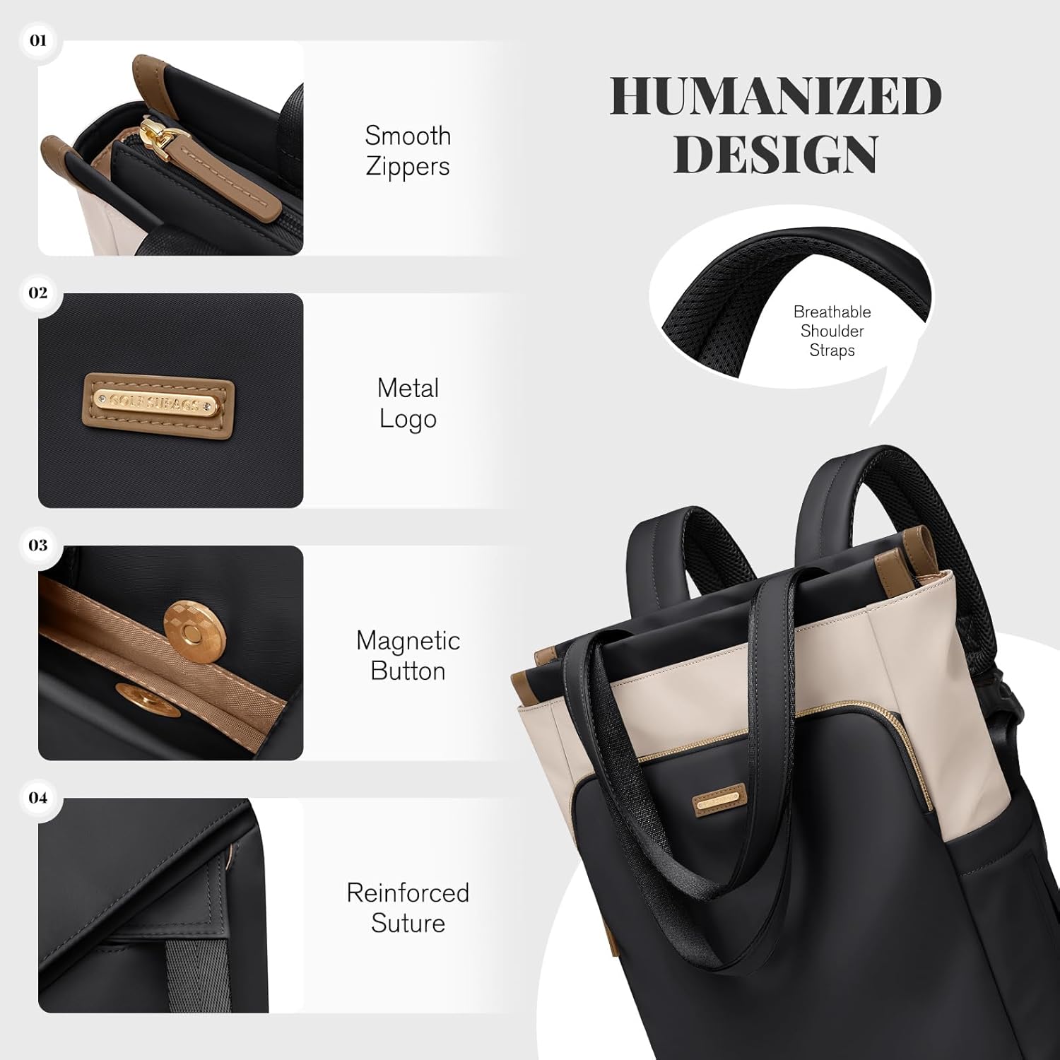 GOLF SUPAGS Convertible Laptop Backpack for Women Casual Daypack Notebook Tote Bag for Work College Travel Leisure (Black & White)