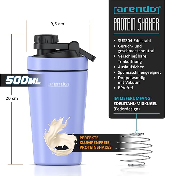 Arendo - Eiweiß Shaker Edelstahl 500ml, Protein Shaker mit Mixkugel, BPA frei, Mixbecher, Metall Premium Eiweißshaker, Tragegriff, Spülmaschinengeeignet, To Go für Yoga Fitness Sport, Lavendel - 2