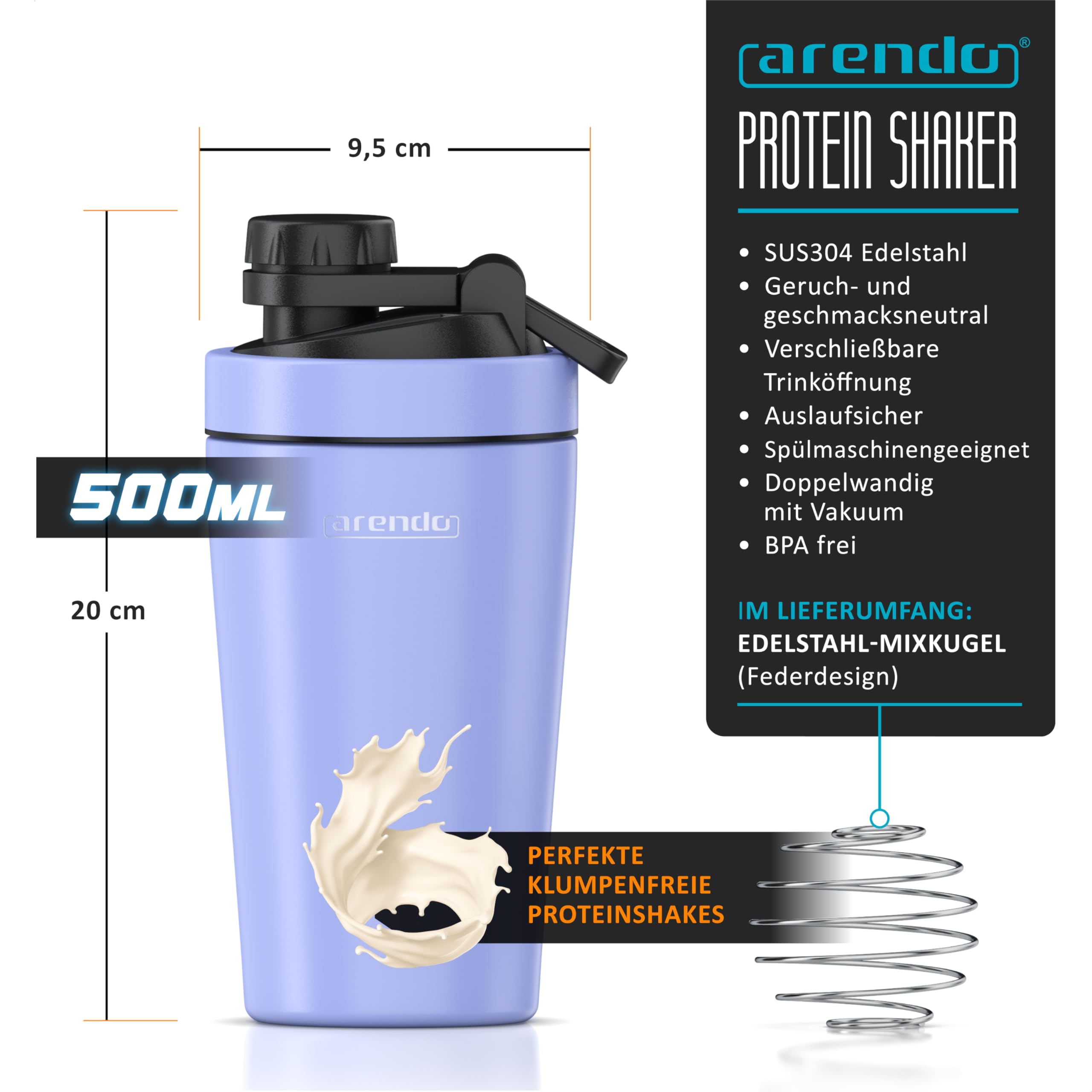 Arendo - Eiweiß Shaker Edelstahl 500ml, Protein Shaker mit Mixkugel, BPA frei, Mixbecher, Metall Premium Eiweißshaker, Tragegriff, Spülmaschinengeeignet, To Go für Yoga Fitness Sport, Lavendel - 2