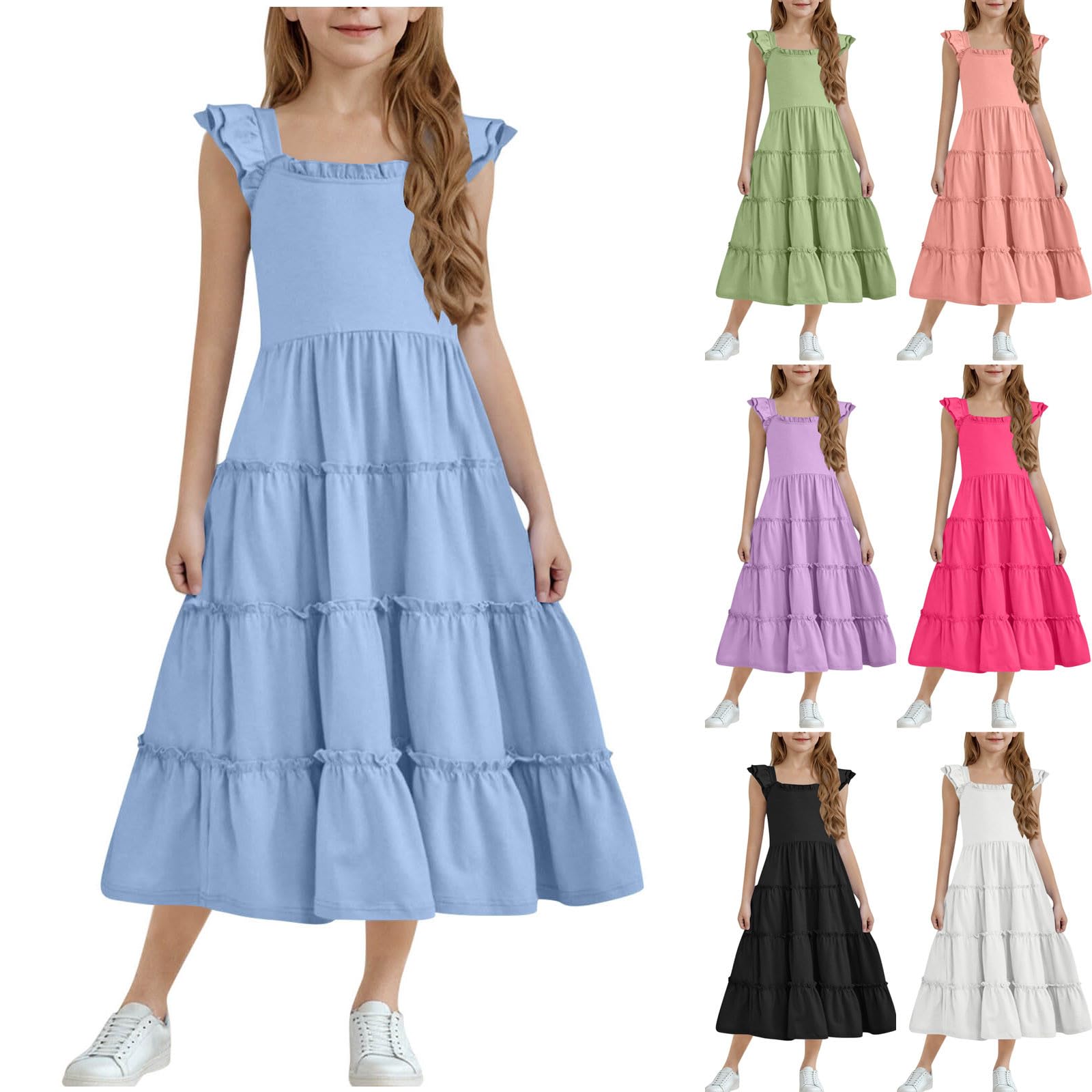 Girls Summer Sleeveless Ruffle Dress Loose Tiered Aline Boho Sundress Casual Party Flowy Maxi Dresses for 3-13 Years Blue Summer Dresses for Teen Girls Size 7-8 Years