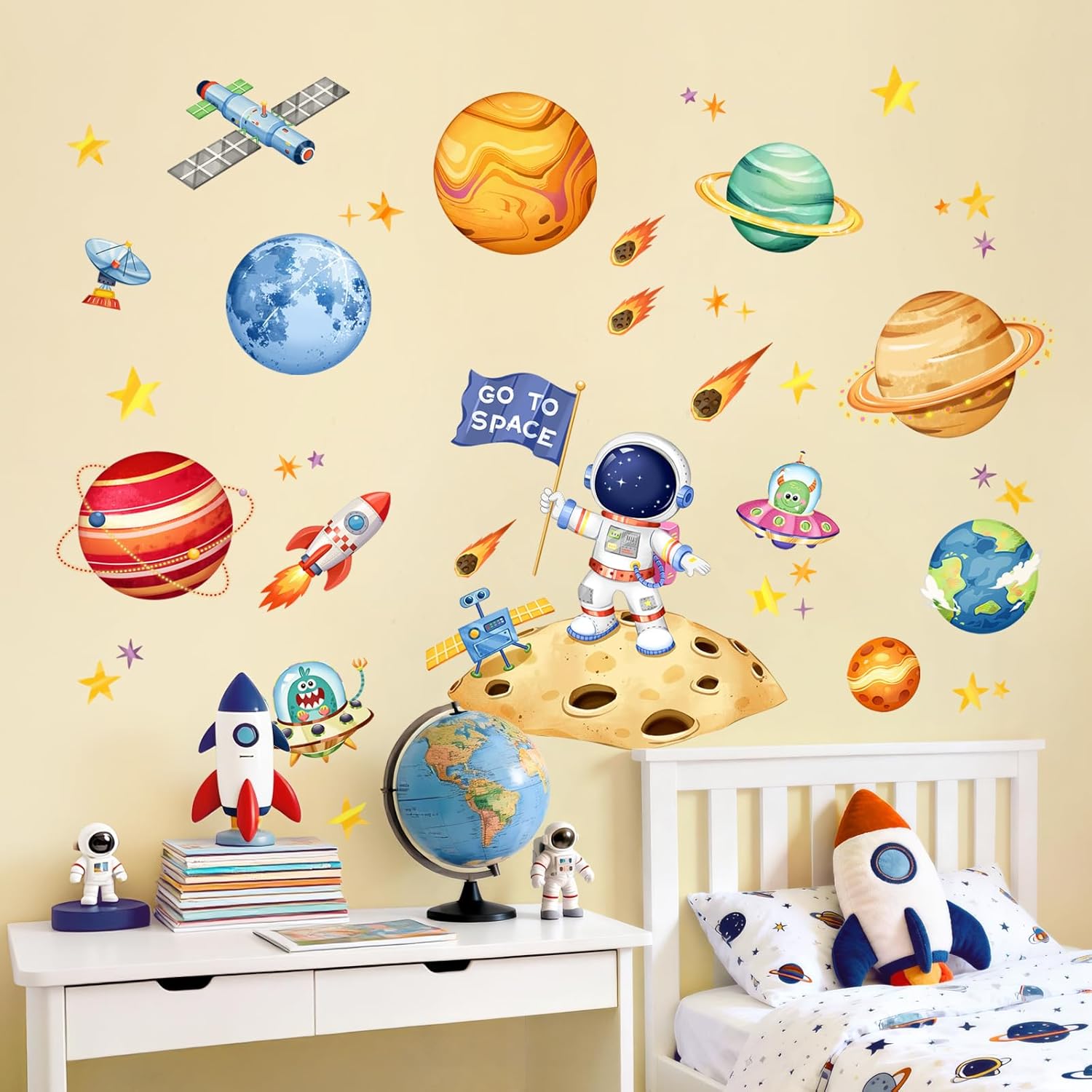 Tanlaby Outer Space Wall Decals Planets Rocket Astronaut Wall Stickers for Boys Room Baby Nursery Kids Bedroom Playroom Decor
