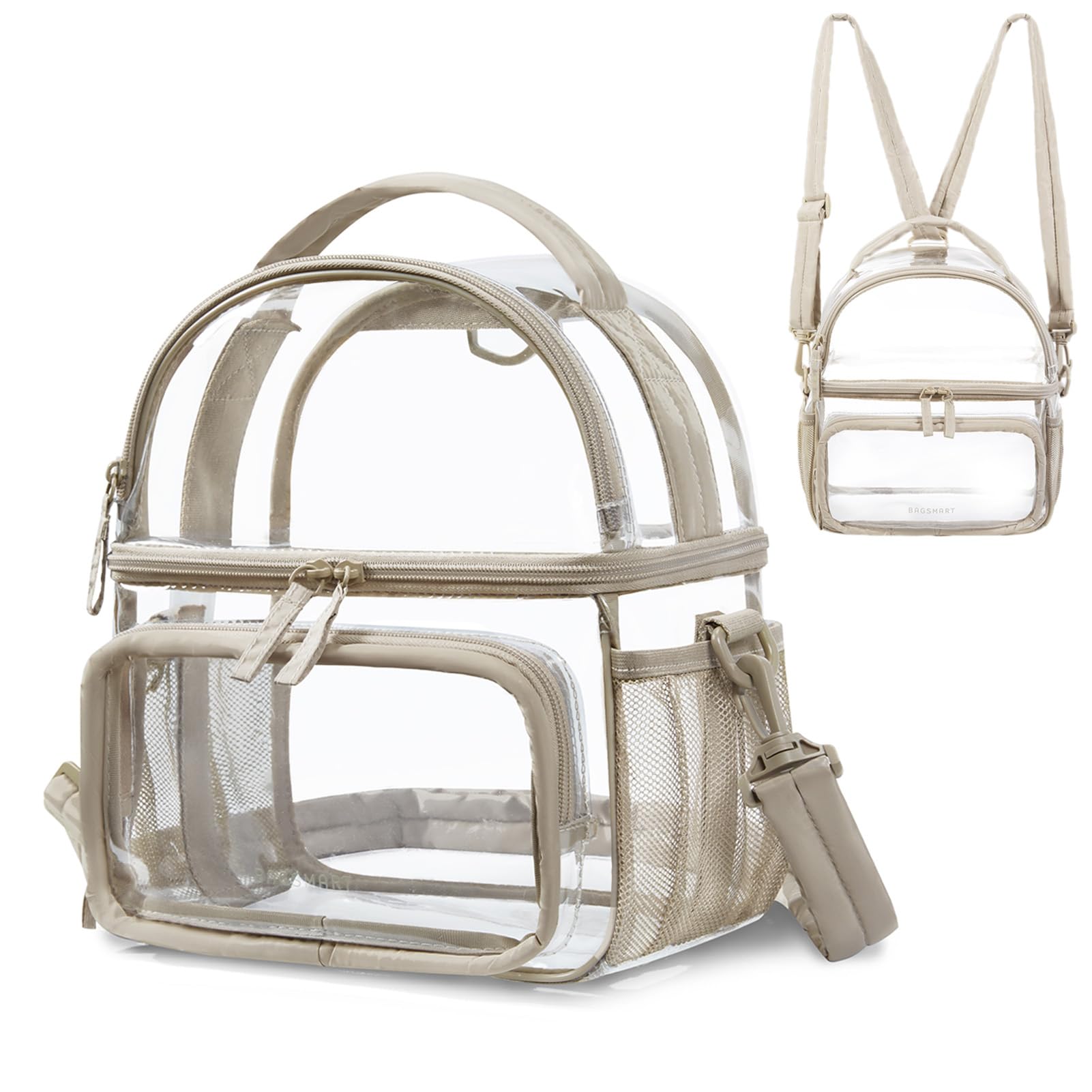 BAGSMART Stadium Approved Clear Bag 12"x6"x12", Double Deck Lunch Box, Convertible to Backpack, Waterproof PVC, Camel