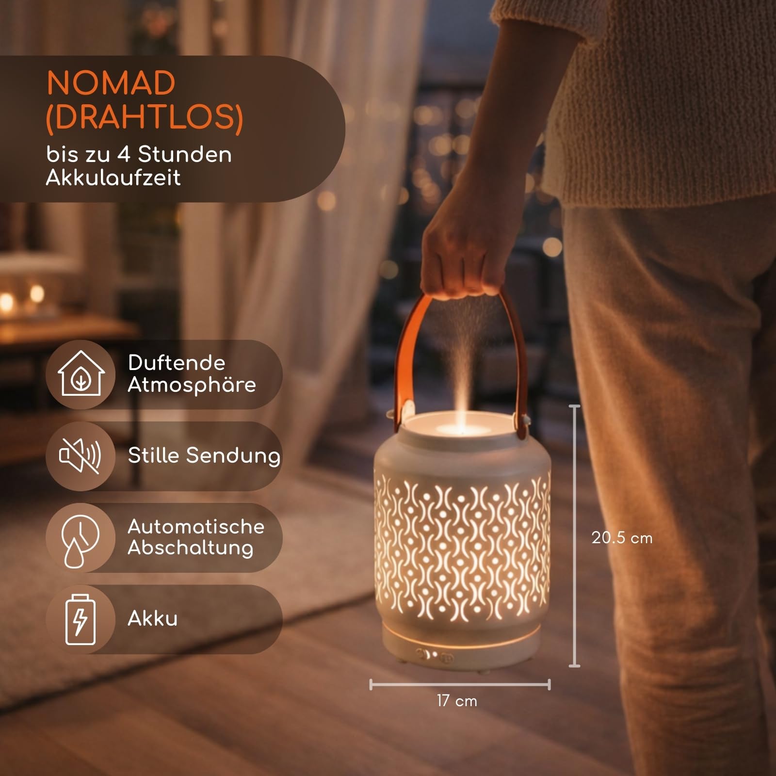 Zen'Aroma Difusor Ultrasónico Inalámbrico Madrid, Batería Recargable Integrada Autonomía 20h, Difusor de Aceite Esencial Nómada, Difusión Continua o Alternancia, Iluminación LED Personalizable