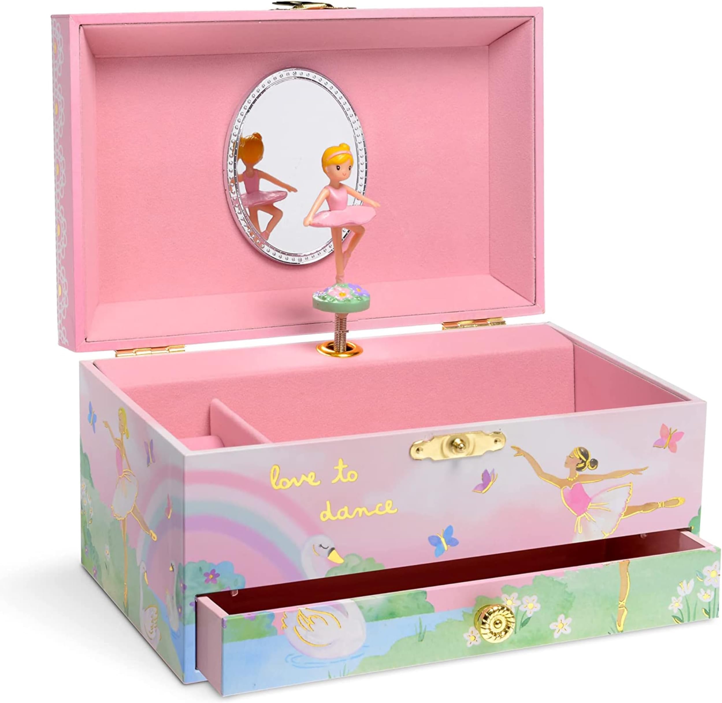 Jewelkeeper Girl's Musical Jewellery Storage Box with Pull-out Drawer, Rainbow and Gold Foil Design, Swan Lake Tune