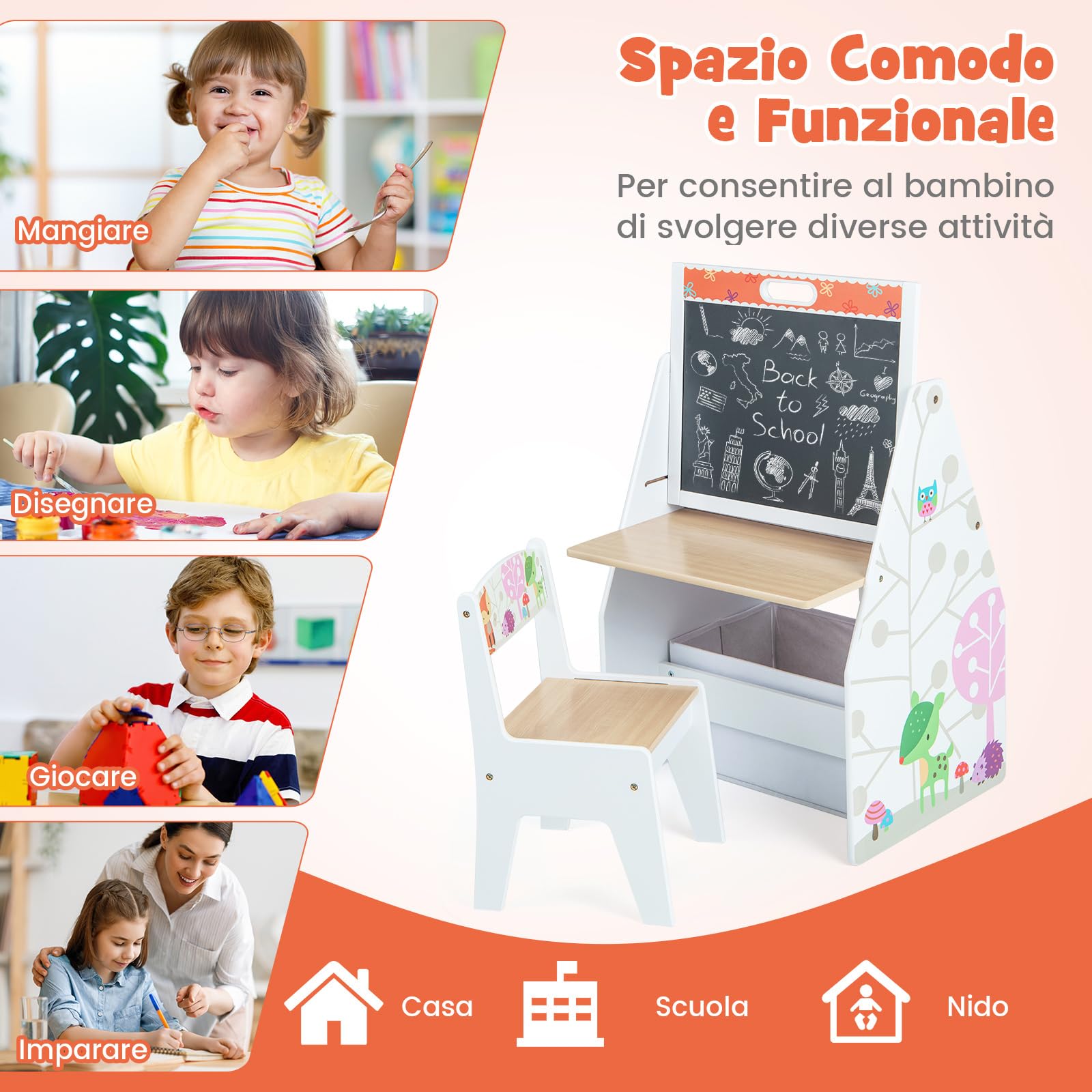COSTWAY Cavalletto per Bambini Doppio Lato, Set Tavolo e Sedia per Bambini con Lavagna Magnetica e Lavagna Bianca, Contenitore in Tessuto e Libreria(Bianco)