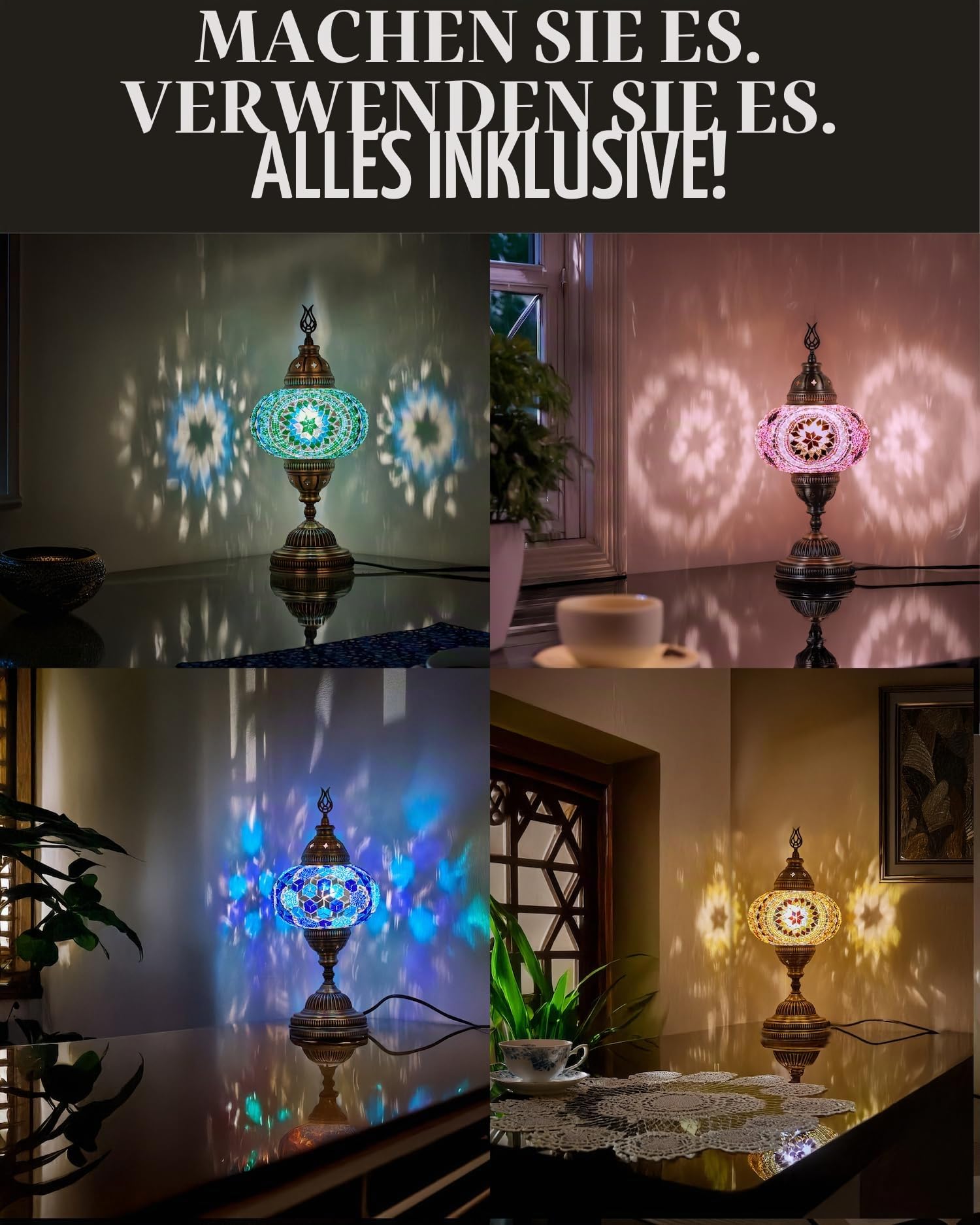 DEMMEX Farbe Wählbar – DIY Mosaik-Tischlampe Bastelset – Türkisch-Marokkanischer Stil – Gestalten Sie Ihre eigene Lampe mit Glassteinen & Werkzeug, Kein Verfugen nötig