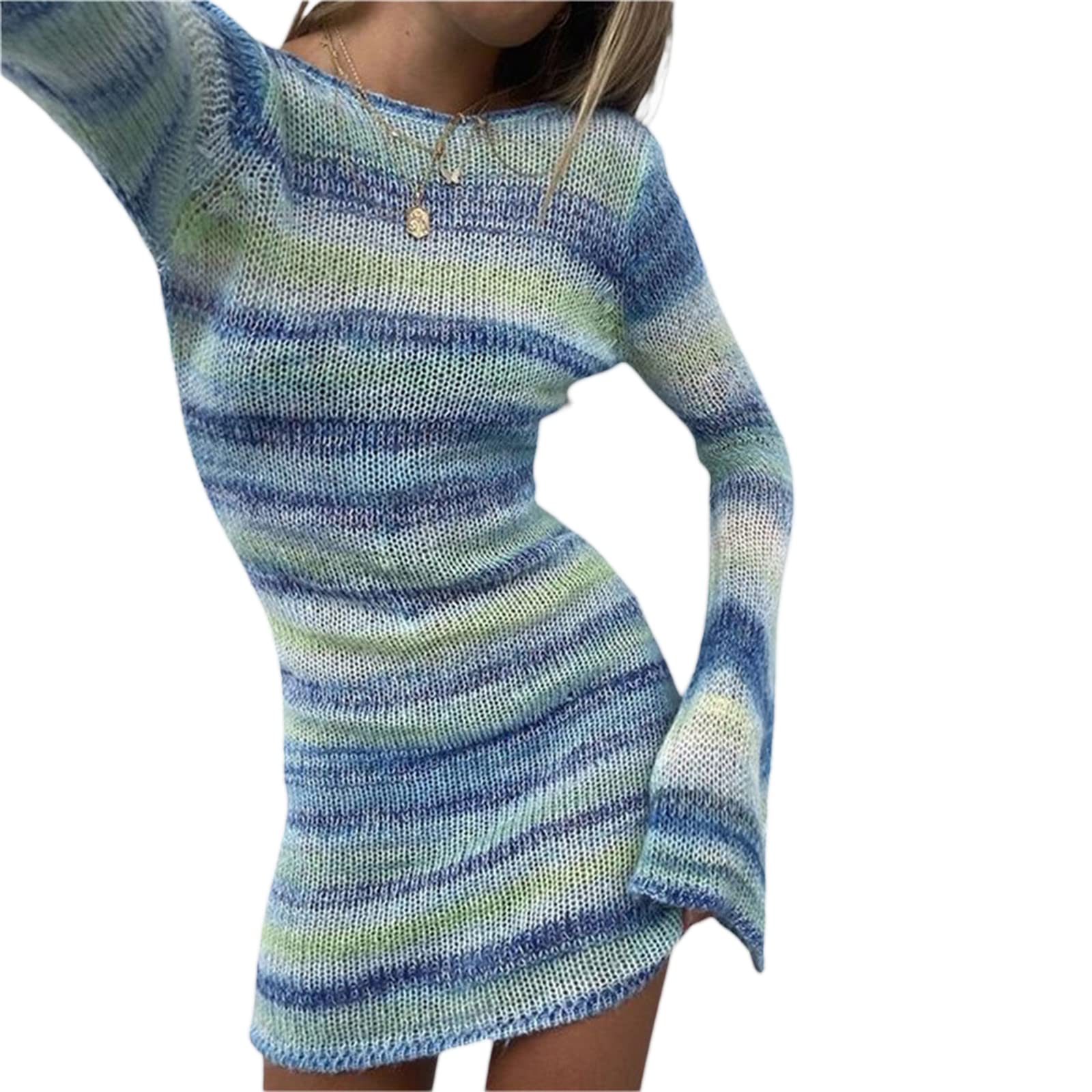 SeyurigaokaSexy Hollow Out Backless Mini Bodycon Dress Crochet Knitted Tie Dye Striped Wrap Dresses Beach Cover Up Sun Dress