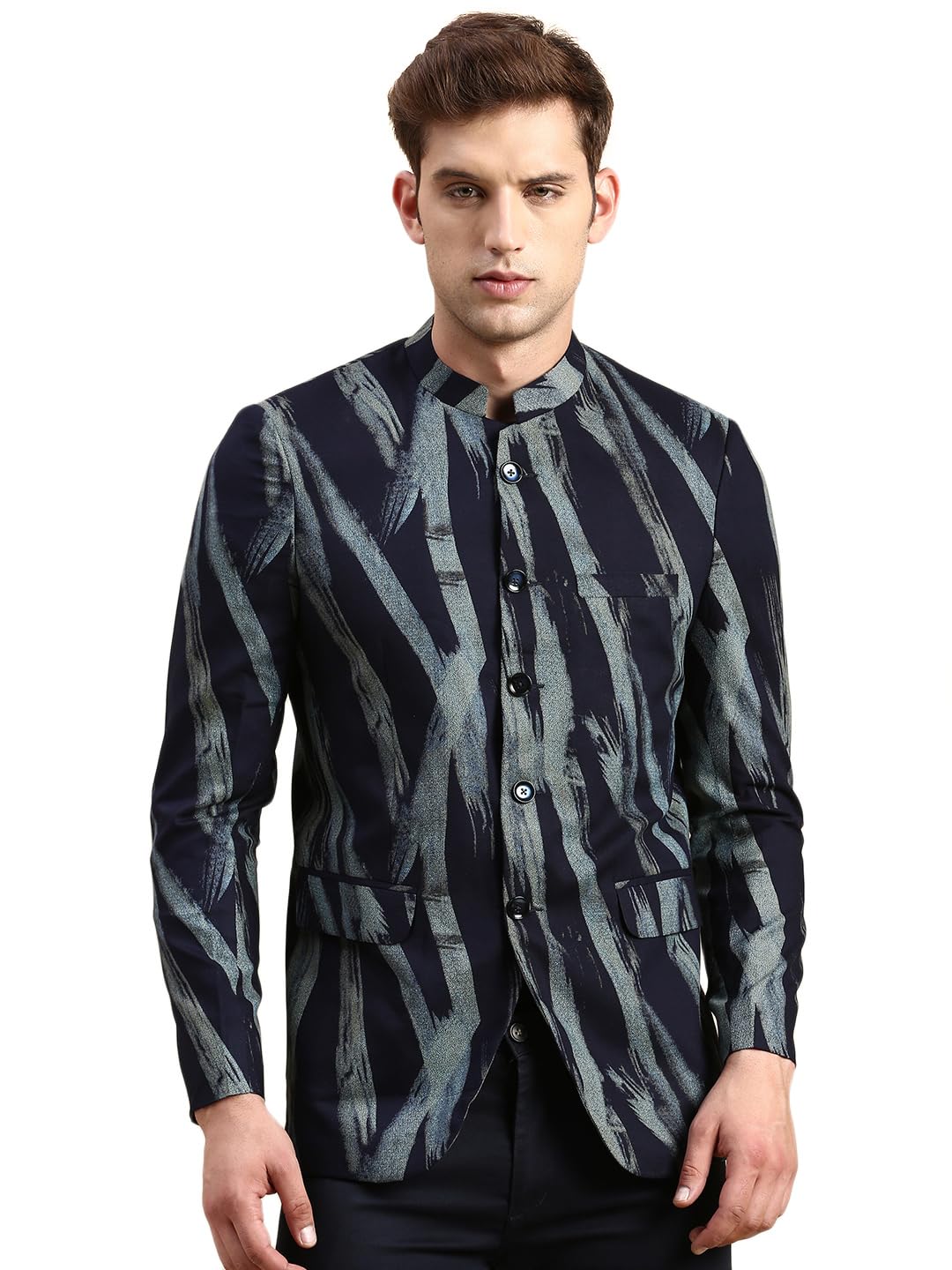 SHOWOFF Men's Printed Mandarin Collar Slim Fit Bandhgala Navy Blue Blazer-SOBLZ-79-19_NavyBlue-image-10