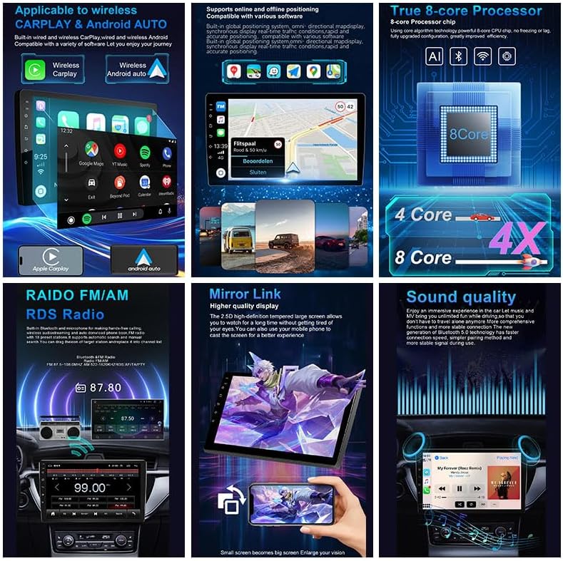 Collage of features including wireless CarPlay, GPS navigation, 8-core processor, FM/AM/RDS radio, mirror link, and sound quality enhancements.